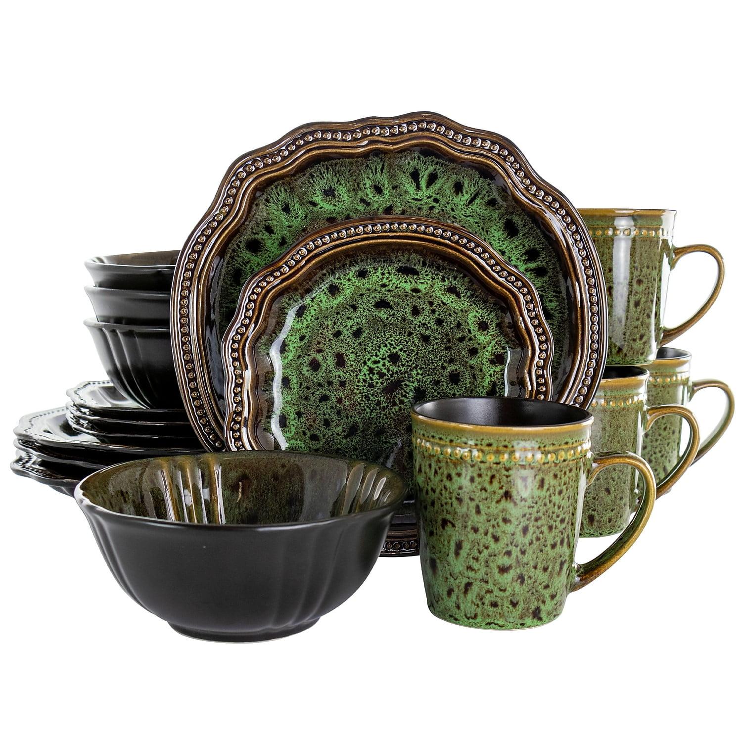 Elama  16 Piece Jade Waves Stoneware Dinnerware Set, Green