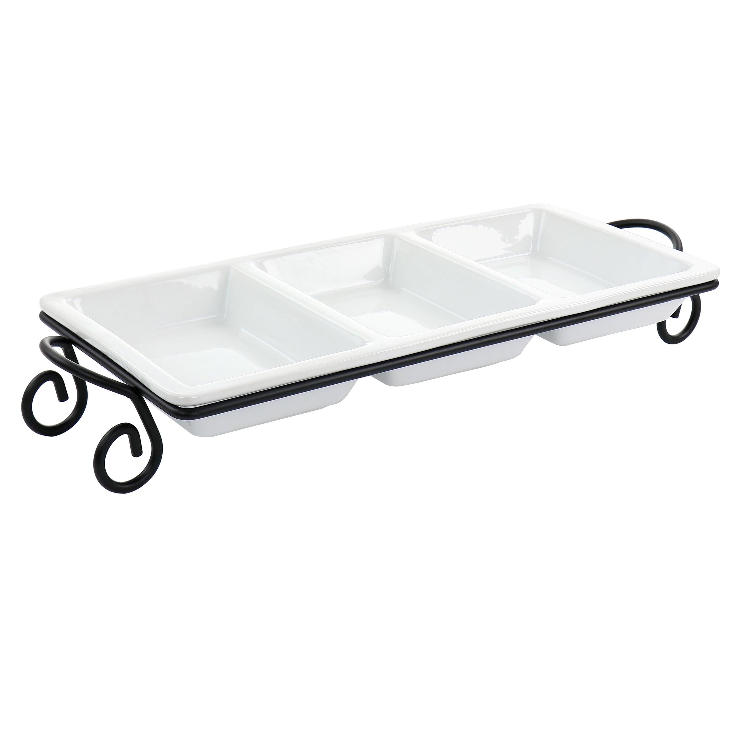 Modern White Porcelain 3-Section Rectangular Serving Tray with Metal Rack