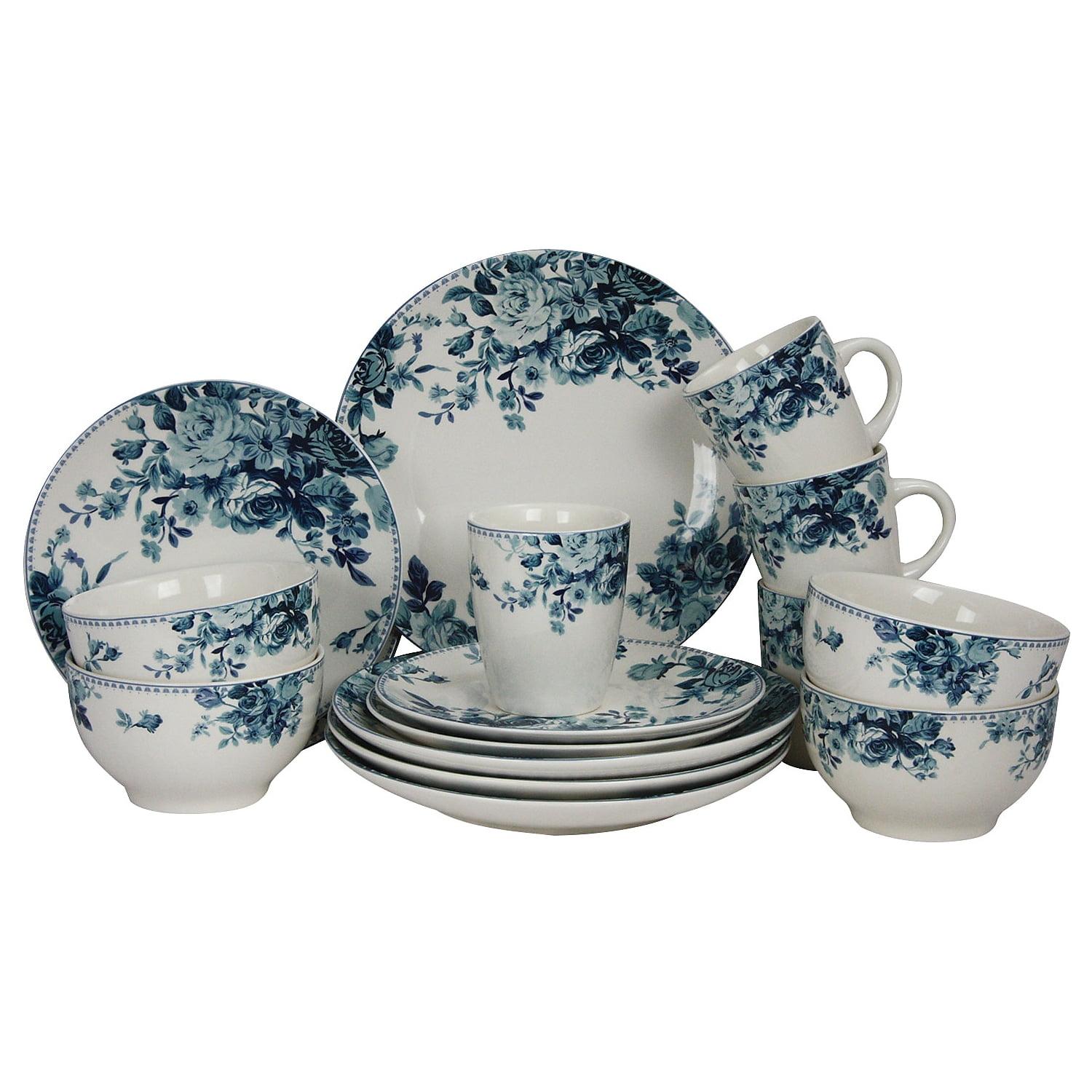 Elegant Floral Blue & White Ceramic Dinnerware Set, Service for 4