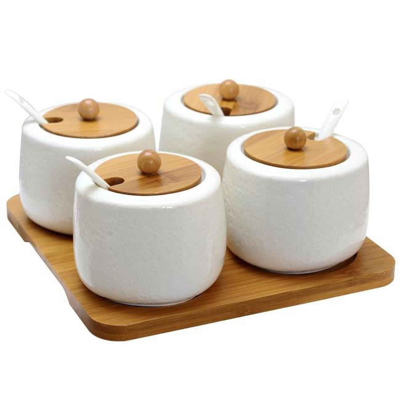 White Ceramic Spice Jars with Bamboo Lids and Tray