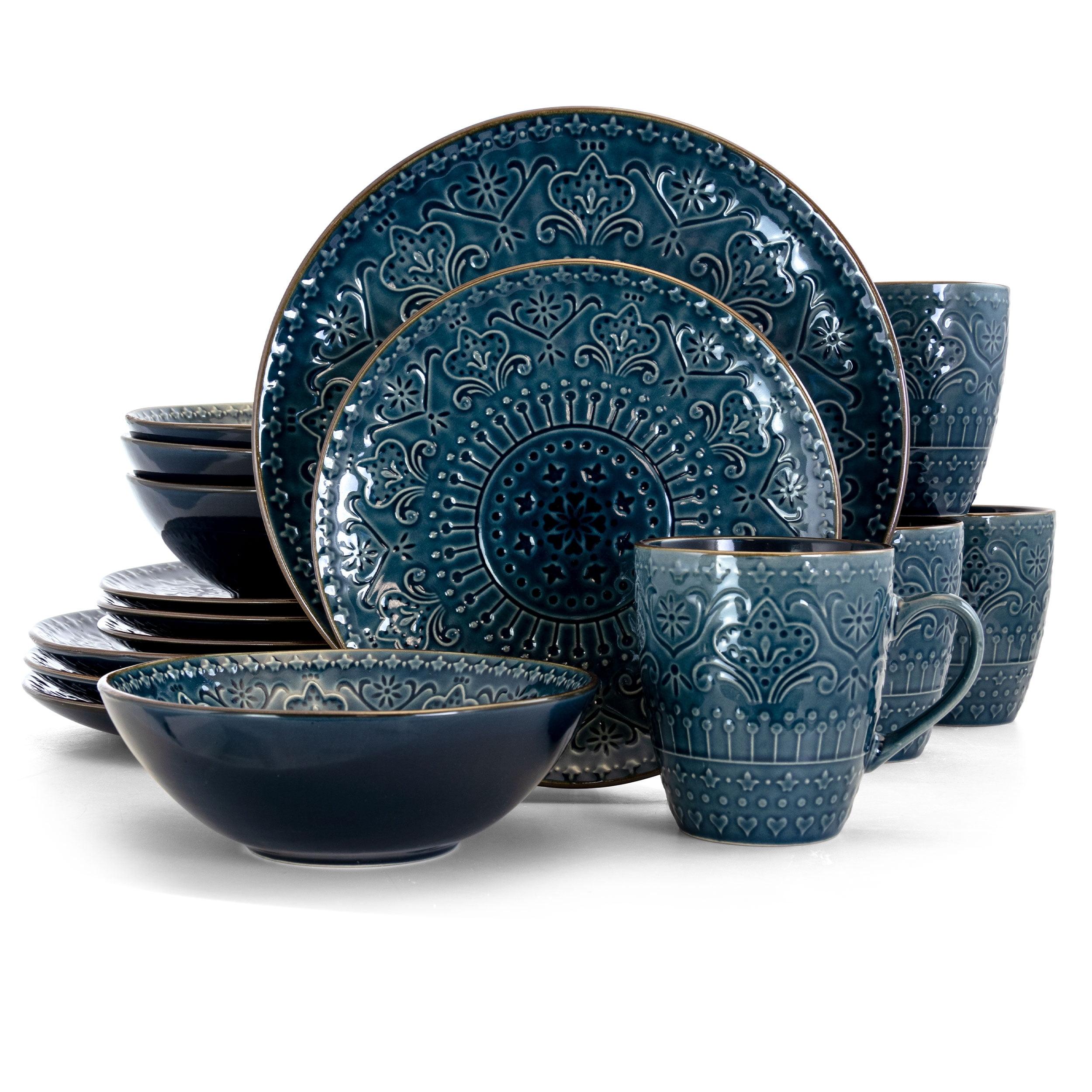 16pc Stoneware Mural Dinnerware Set Blue - Elama: Abstract Medallion Plates & Bowls, Service for 4, Microwave & Dishwasher Safe