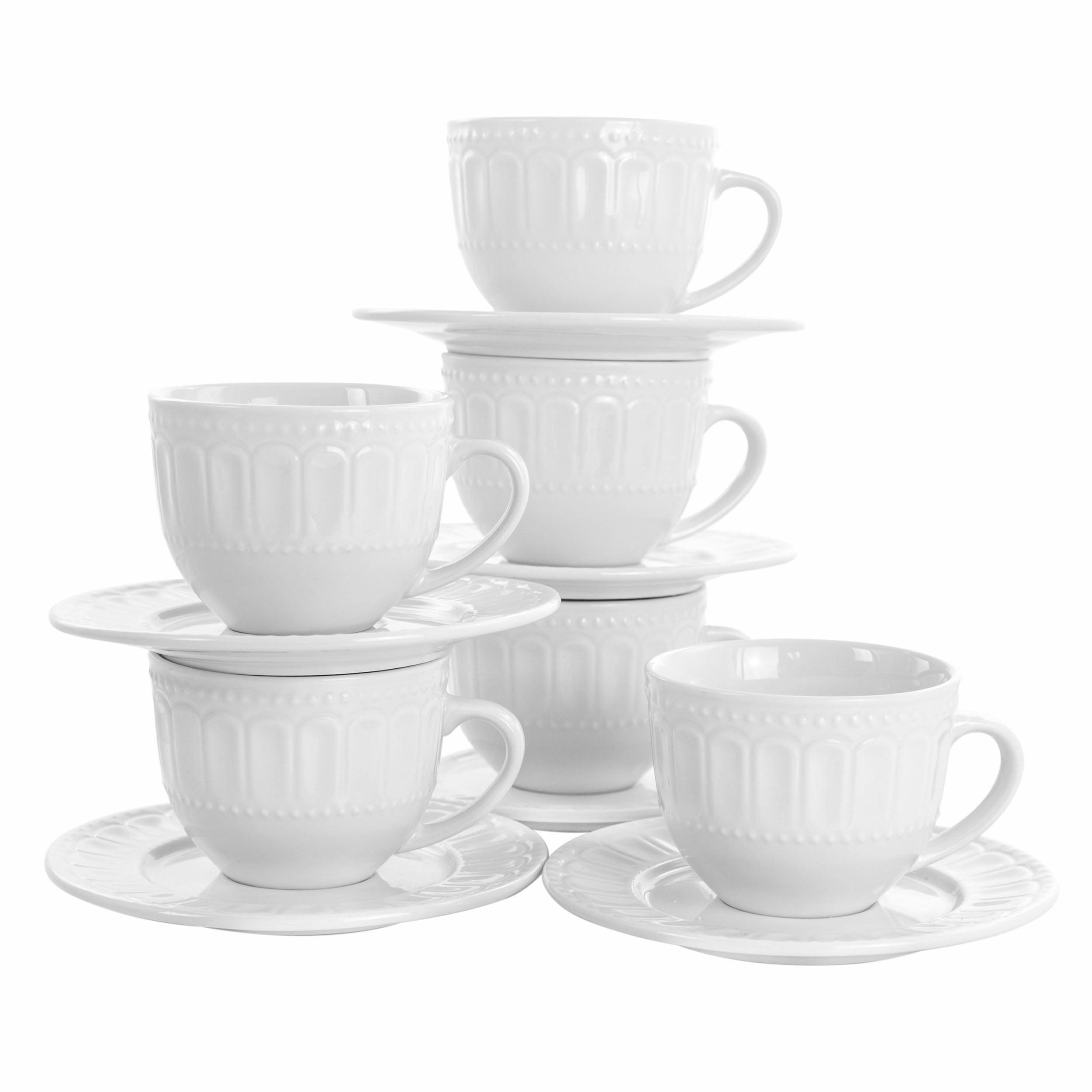 White Ceramic Modern Coffee Mug and Saucer Set, 6-Piece