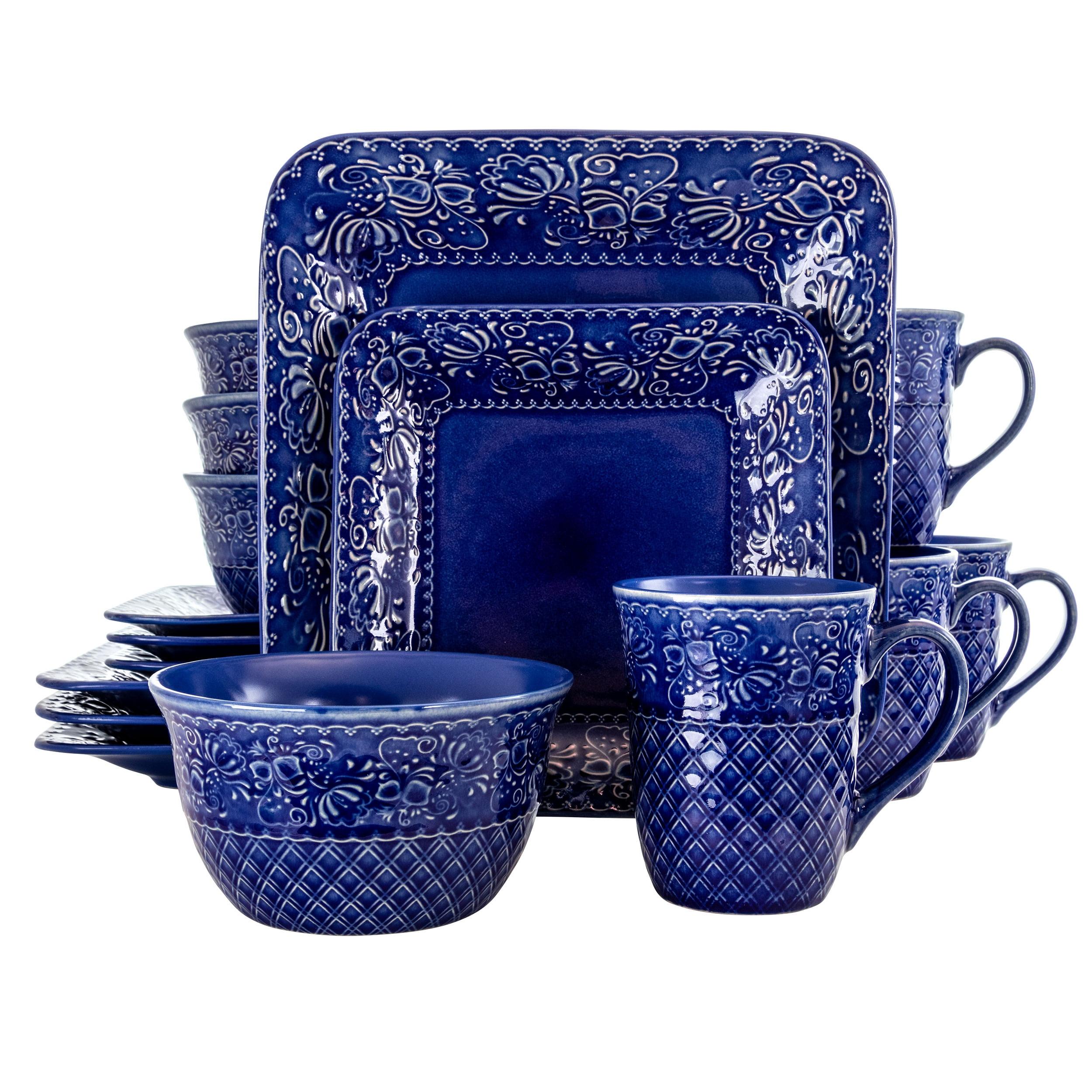 16pc Stoneware Floral Night Sky Square Dinnerware Set Blue - Elama