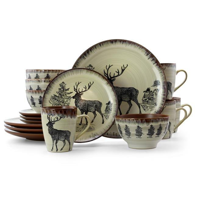 Majestic Elk 16-Piece Taupe and Brown Ceramic Dinnerware Set