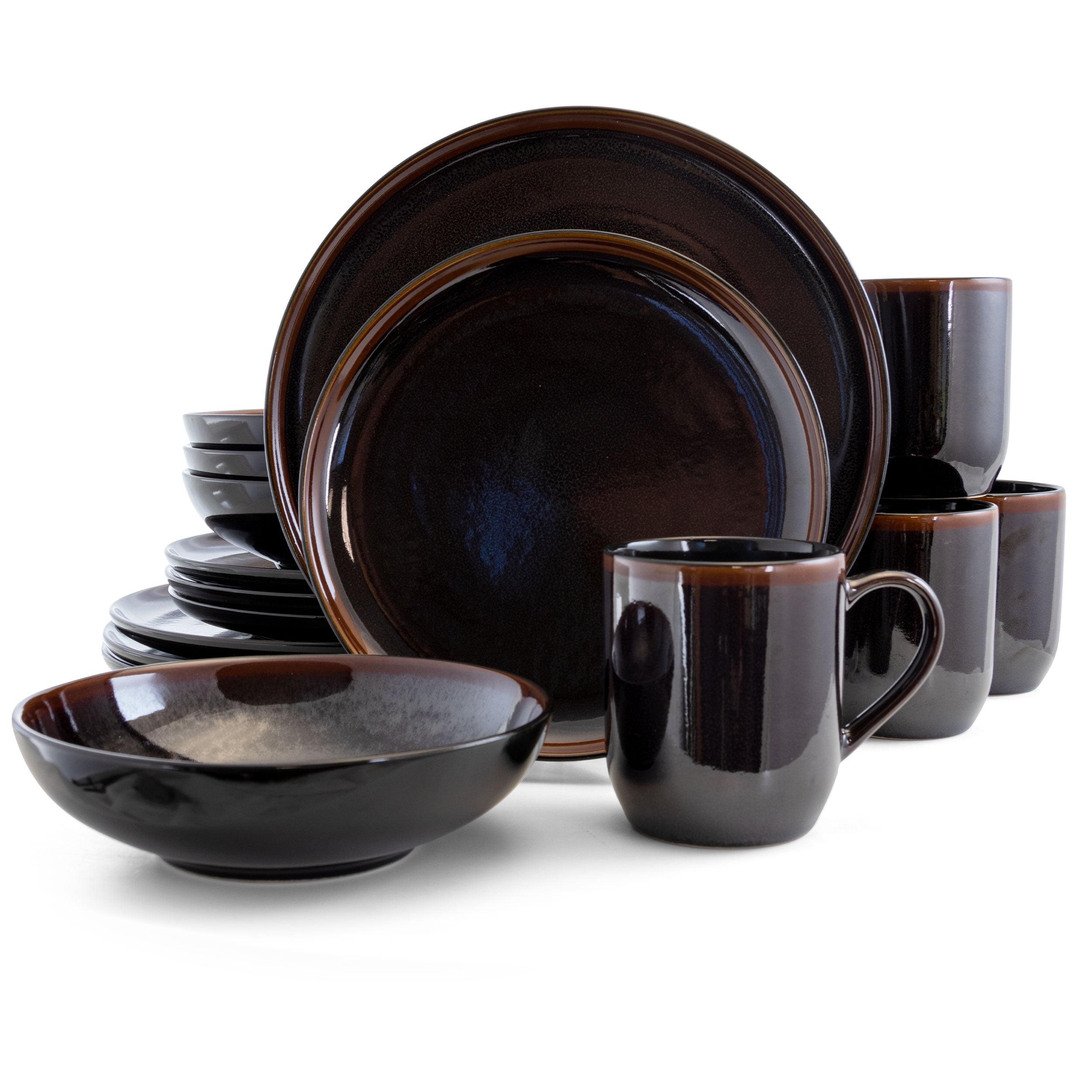 Midnight Beach 16-Piece Glossy Black Ceramic Dinnerware Set