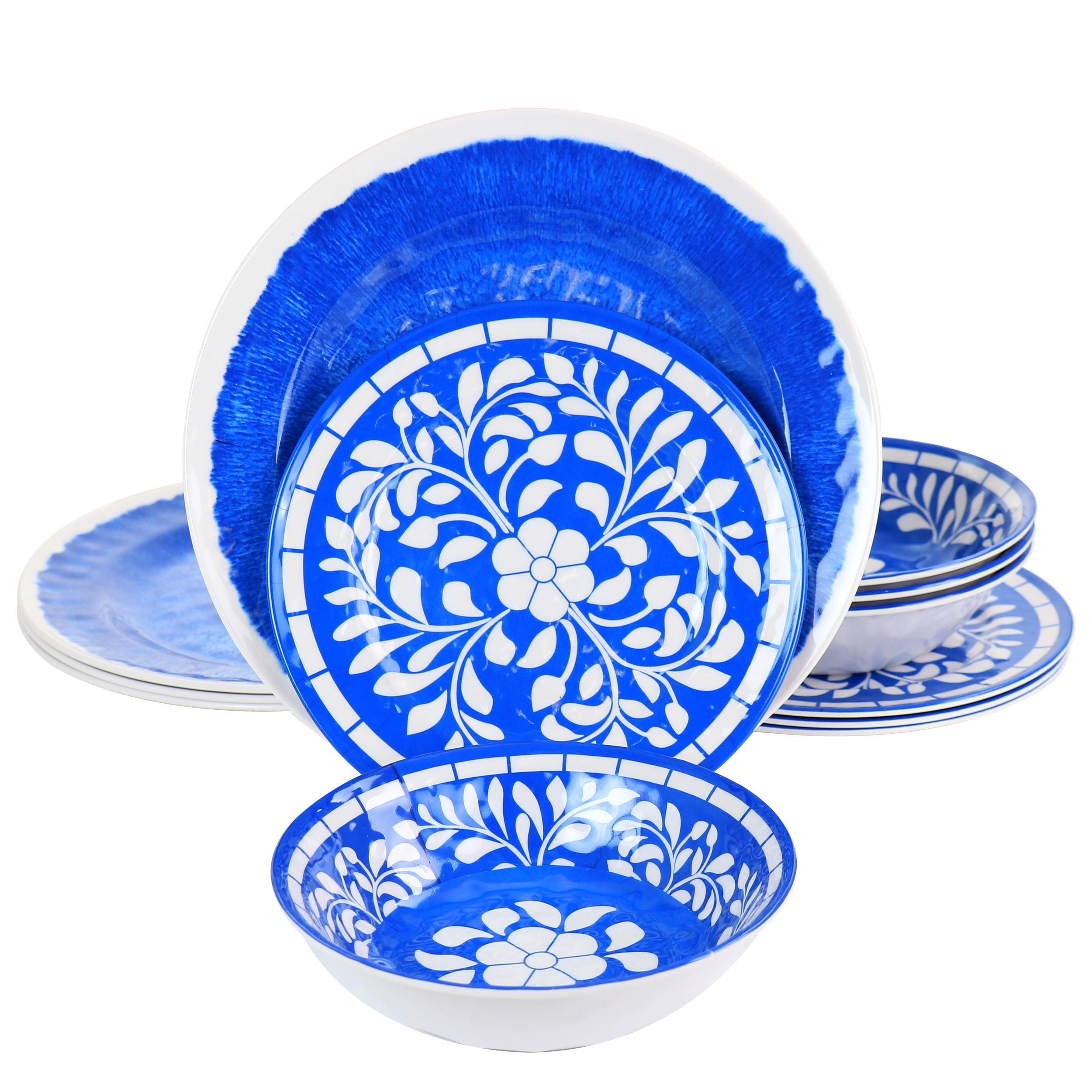 White and Blue Melamine 12-Piece Dinnerware Set for 4