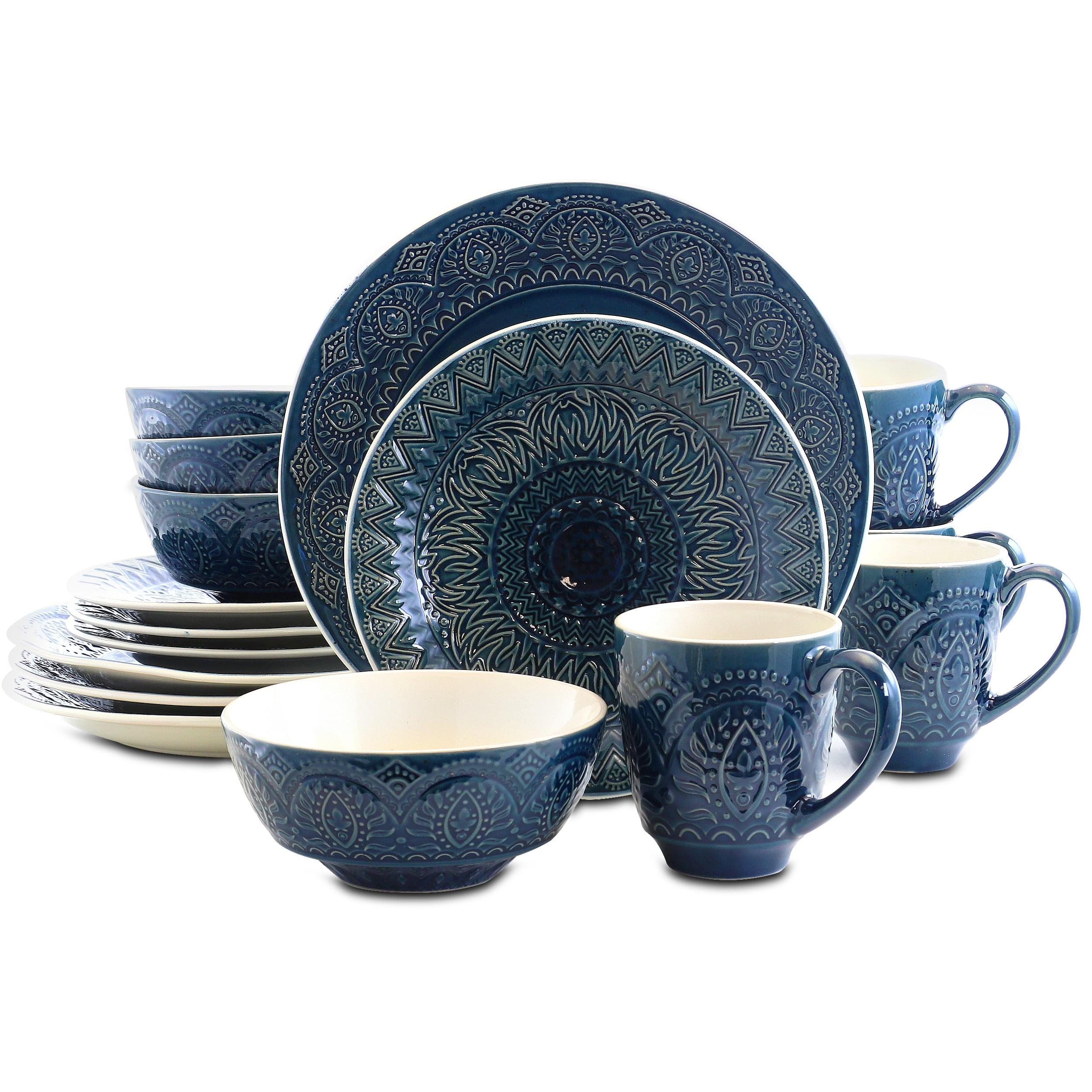 16pc Stoneware Mandala Embossed Dinnerware Set Blue - Elama: Classic Lace Pattern, Service for 4, Microwave & Dishwasher Safe