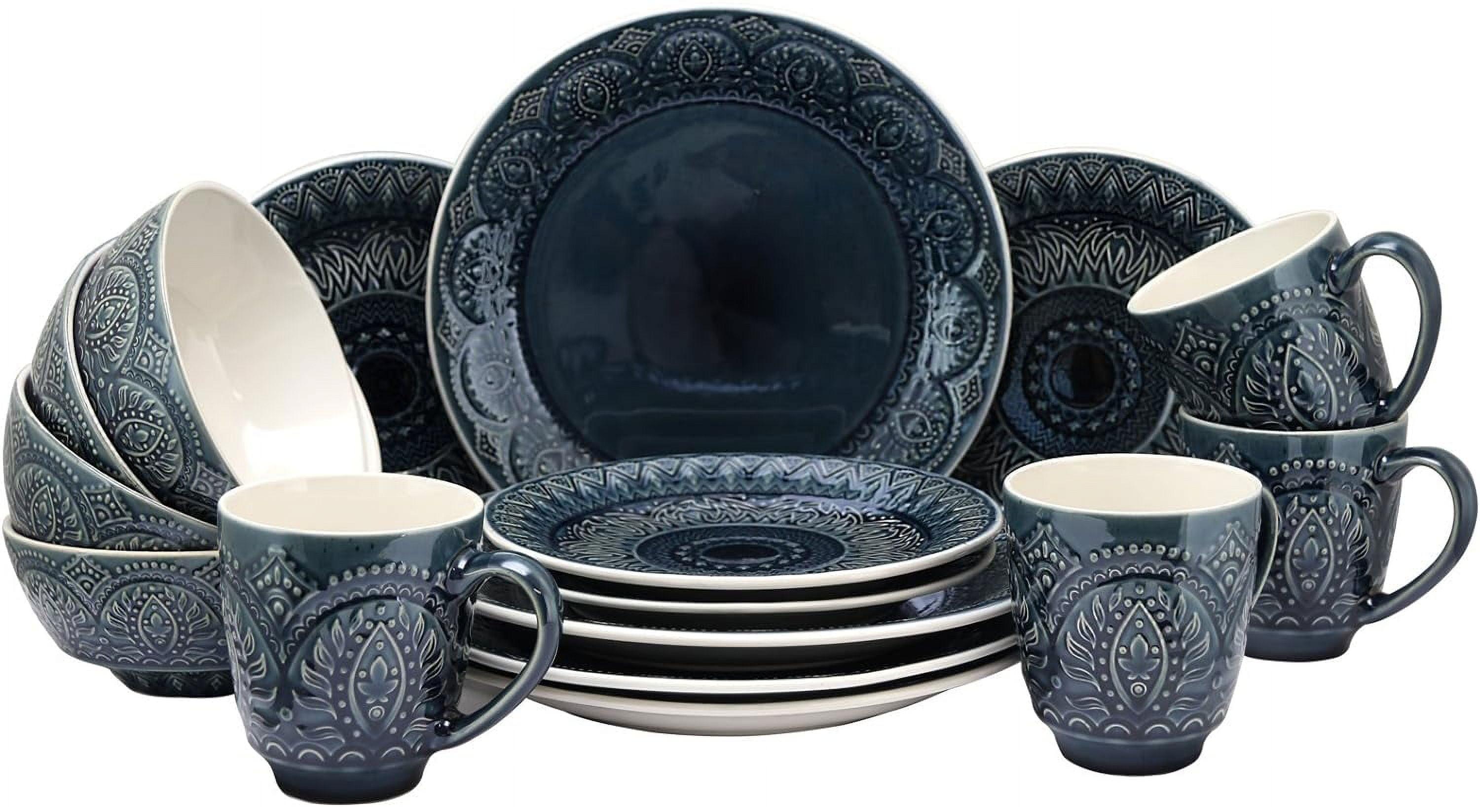 16pc Stoneware Mandala Embossed Dinnerware Set Blue - Elama: Classic Lace Pattern, Service for 4, Microwave & Dishwasher Safe