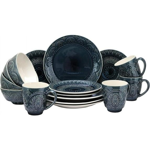 16pc Stoneware Mandala Embossed Dinnerware Set Blue - Elama: Classic Lace Pattern, Service for 4, Microwave & Dishwasher Safe