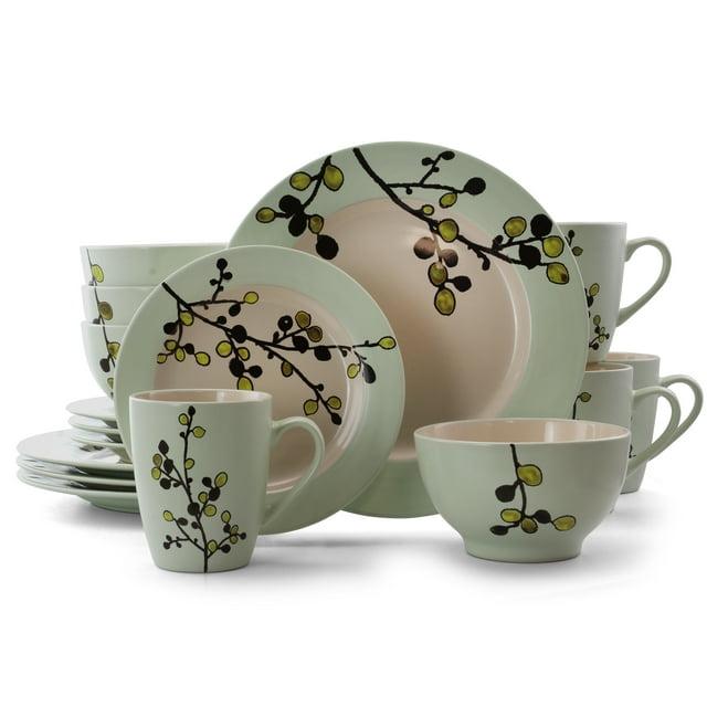 16pc Stoneware Luxurious Olive Dinnerware Set Green - Elama: Microwave & Dishwasher Safe Dishware Set for 4