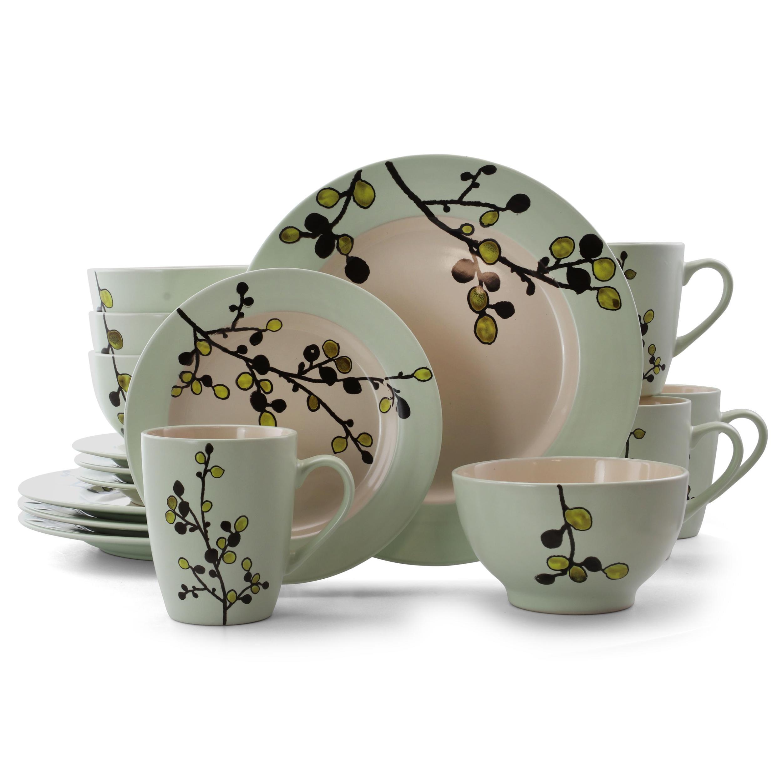 16pc Stoneware Luxurious Olive Dinnerware Set Green - Elama: Microwave & Dishwasher Safe Dishware Set for 4
