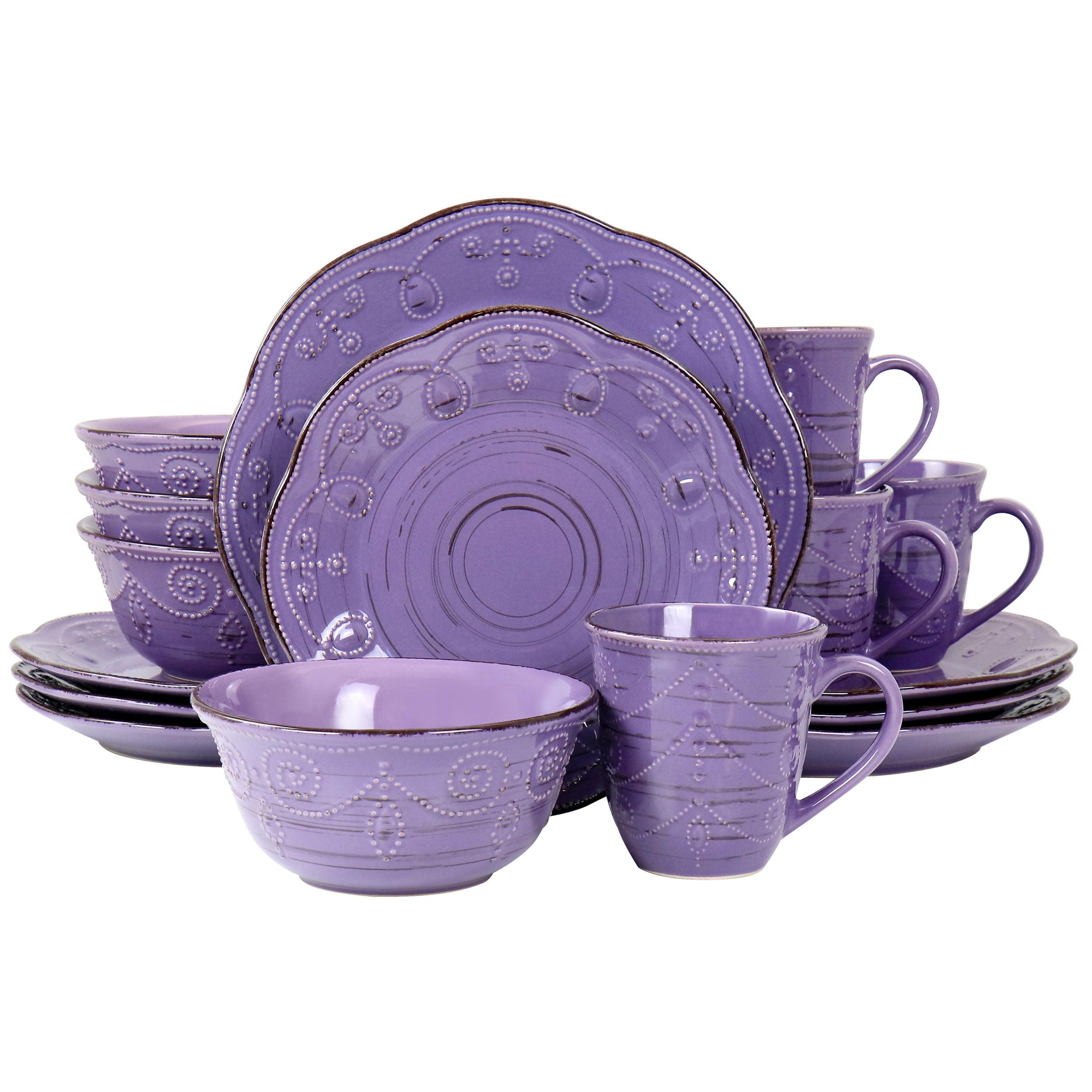 Purple Ceramic 16-Piece Rustic Birch Dinnerware Set