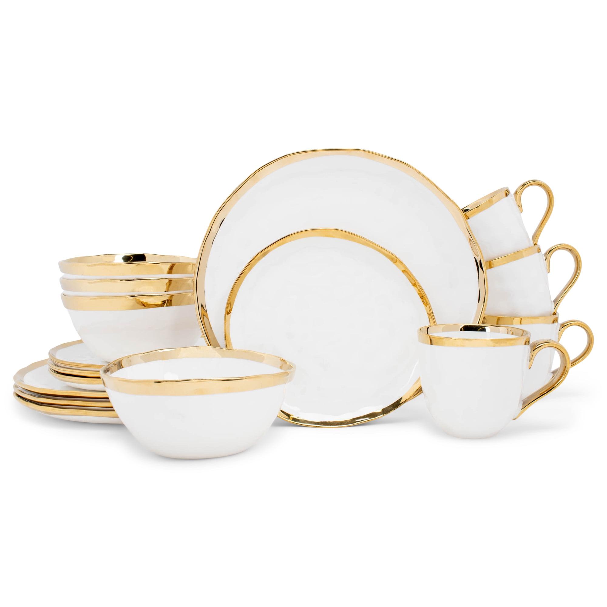 White and Gold Porcelain 16-Piece Dinnerware Set