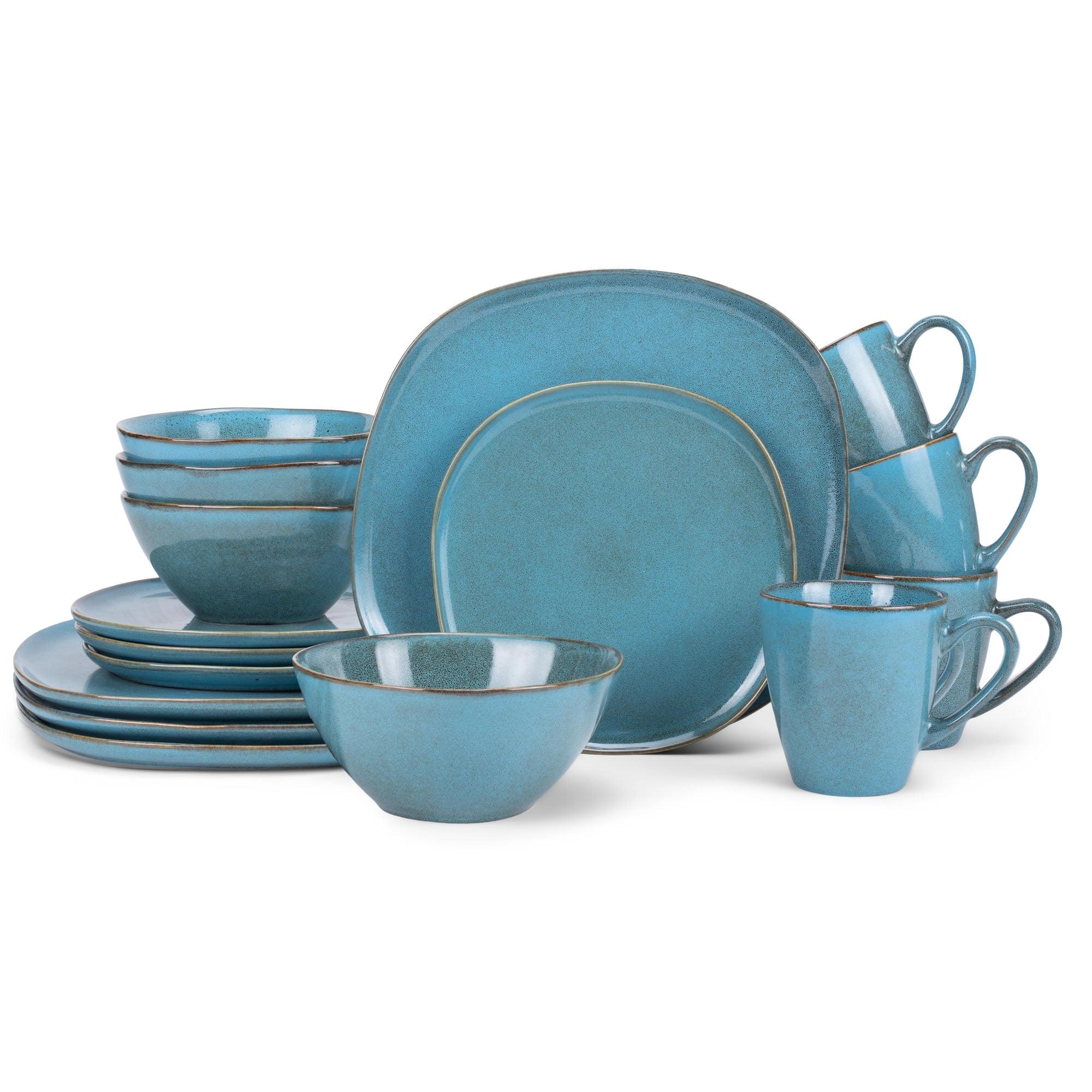 Turquoise Glazed Ceramic Square Dinnerware Set, Service for 4