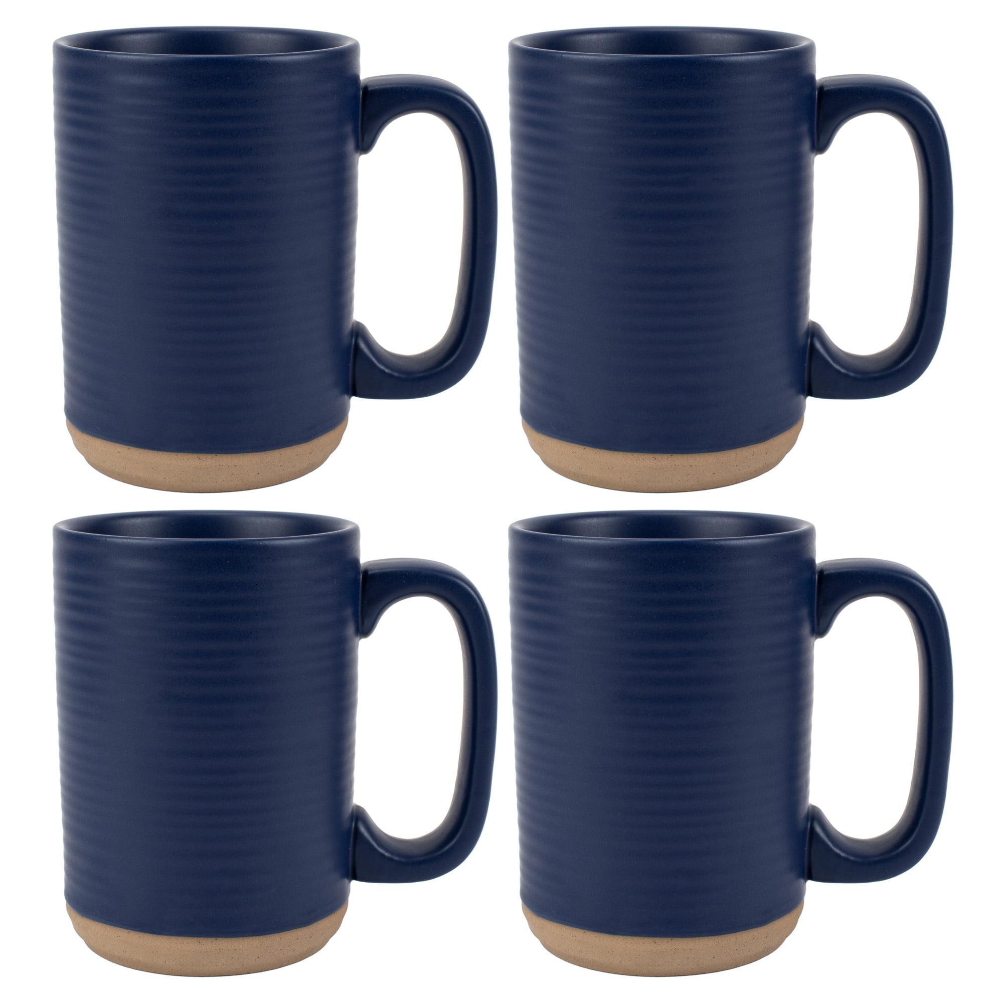 Elanze Designs Tall Ribbed Raw Clay Bottom Navy Blue 16 ounce Ceramic Coffee Mugs Set of 4