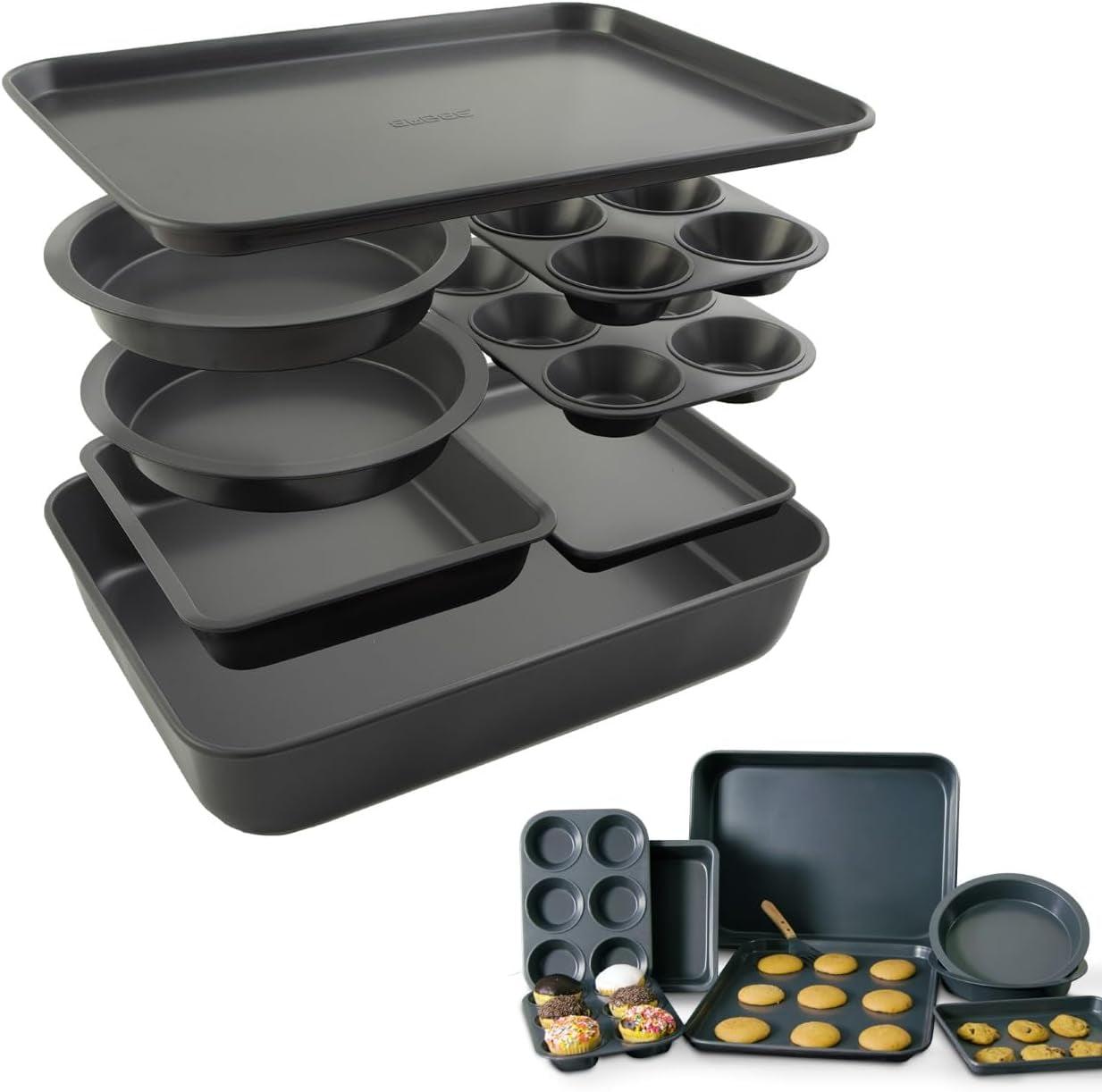 Elbee Home 8 Piece Stack 'n' Store Baking Set, Patented Space Saving Self Storage Design, Nonstick Carbon Steel, Bakeware Set