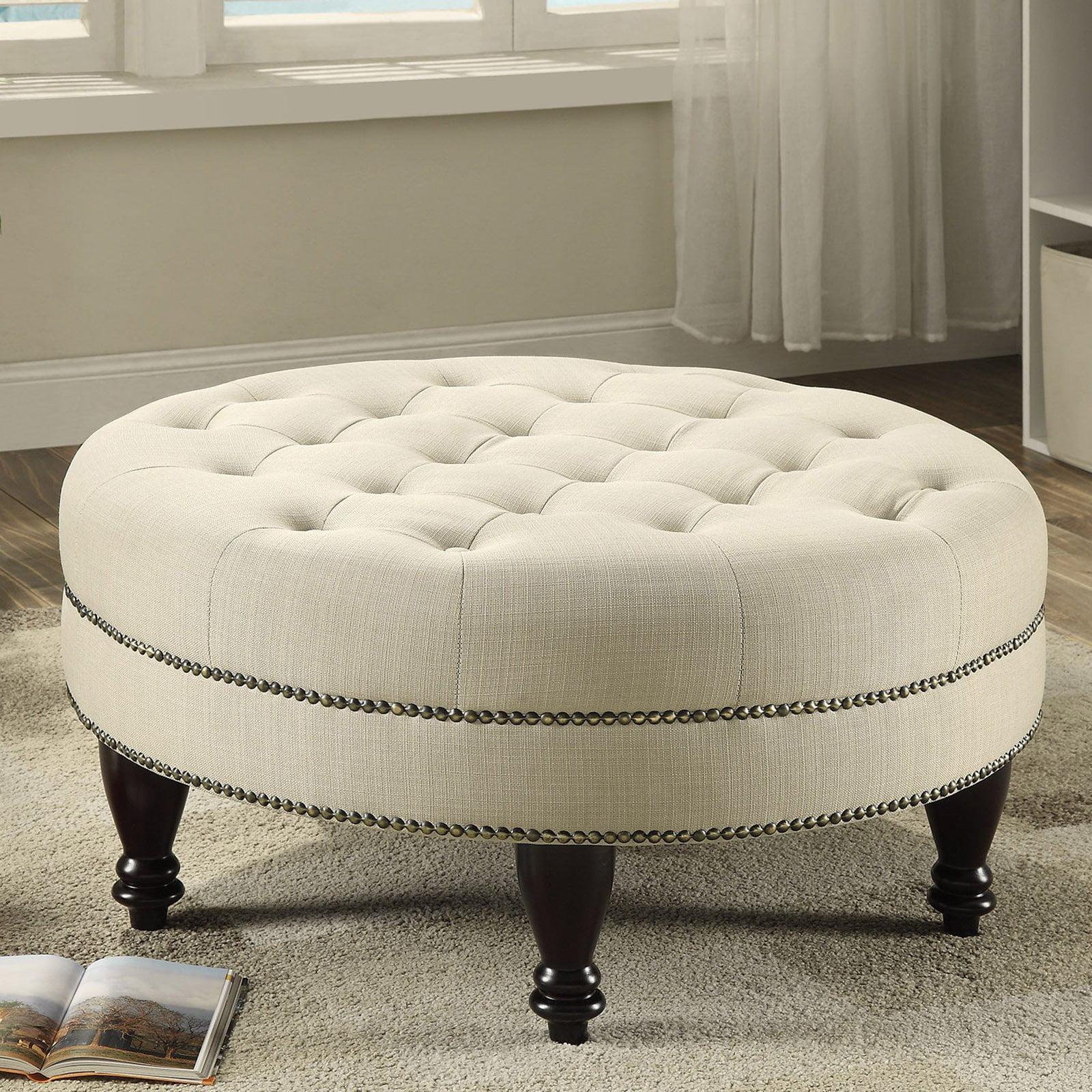 Elegant Oatmeal Linen Tufted Round Cocktail Ottoman with Nailhead Trim