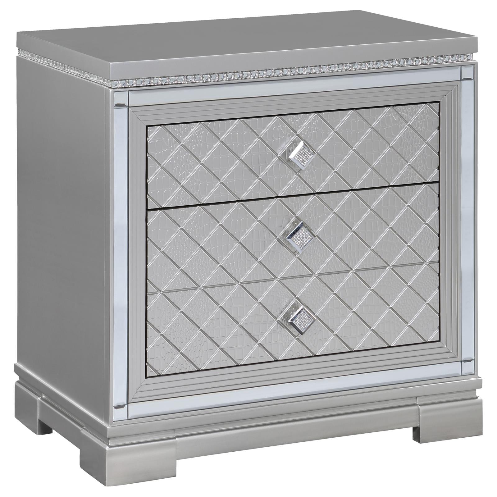 Eleanor Silver Metallic 2-Drawer Nightstand with Crystal Accents