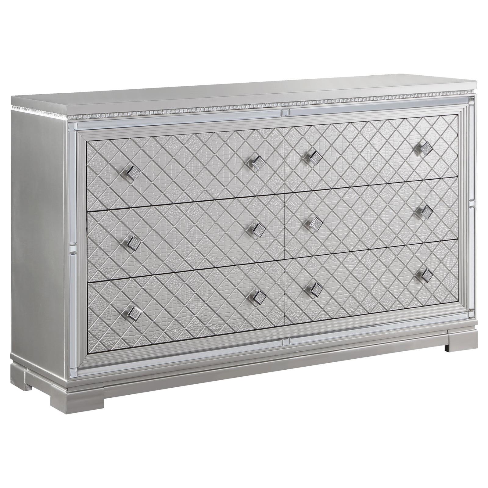 Eleanor 62.5'' Metallic Silver Double Dresser with Crystal Knobs