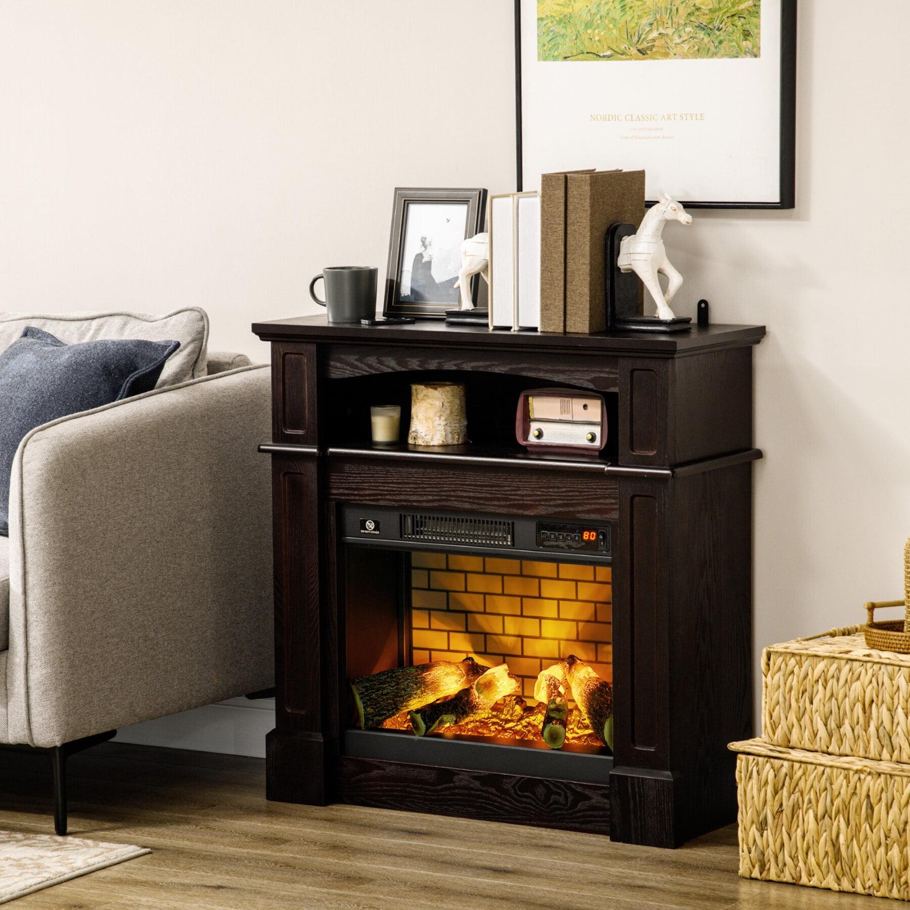 Brown Freestanding Electric Fireplace with Mantel and Shelf