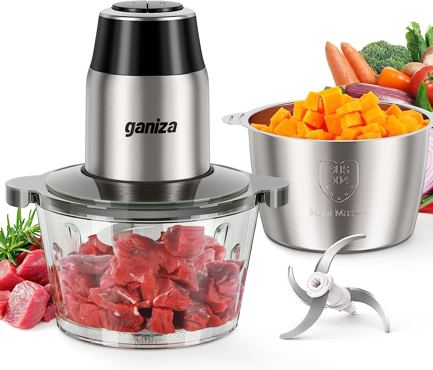 KIBNOF Food Processors, Electric Food Chopper with Meat Grinder & Vegetable Chopper - 2 Bowls (8 Cup+8 Cup) with Powerful 450W Copper Motor - Includes 2 Sets of Bi-Level Blades for Fruits/Meat/Nuts