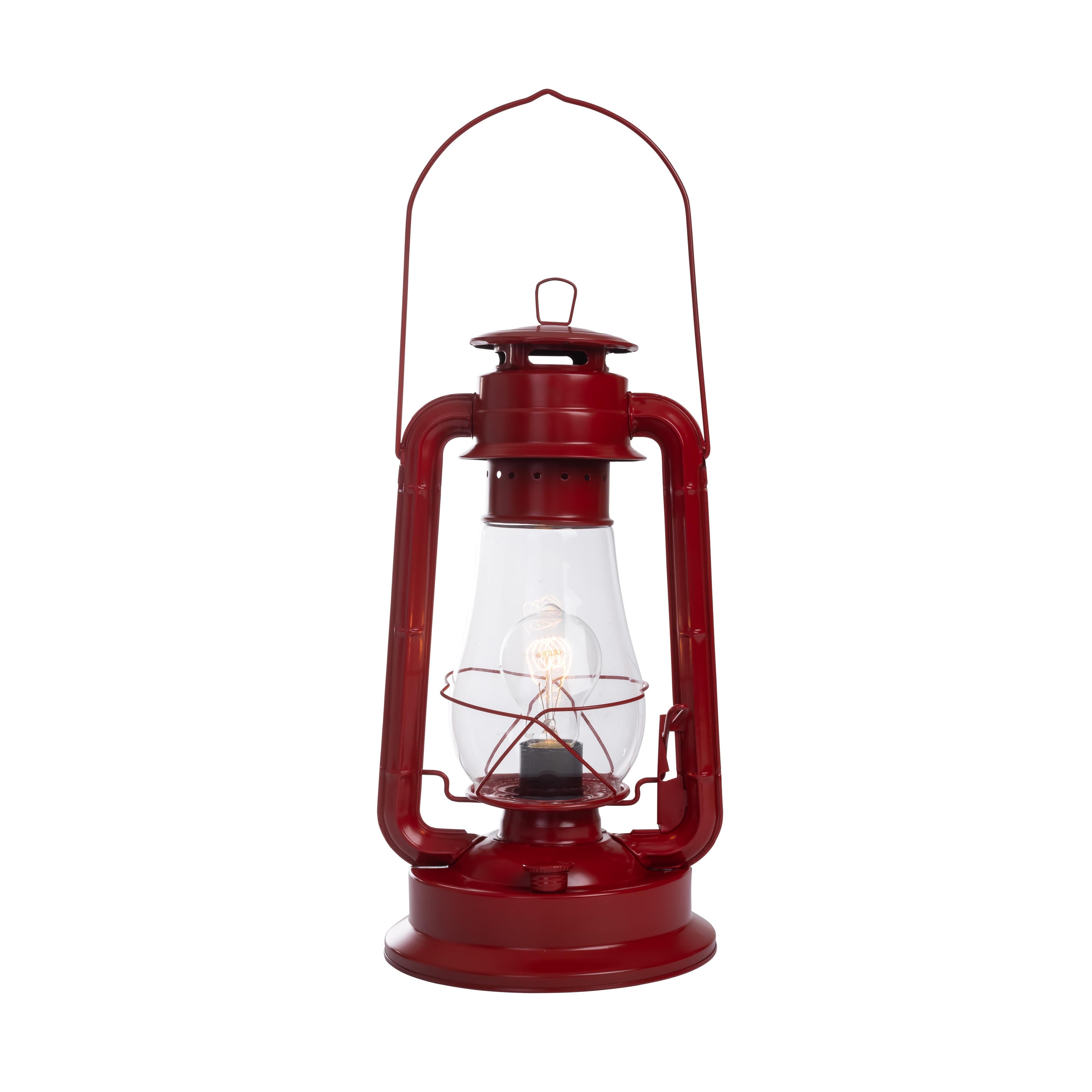 Lámpara de Mesa con Linterna Eléctrica para Dormitorios para Darle un Aspecto de Granja Perfecto de 16 Pulgadas de Alto con Vidrio de Huracán Grande y Atenuador de Cable en Línea y Acabado Rojo Rústico Vintage Estilo Edison