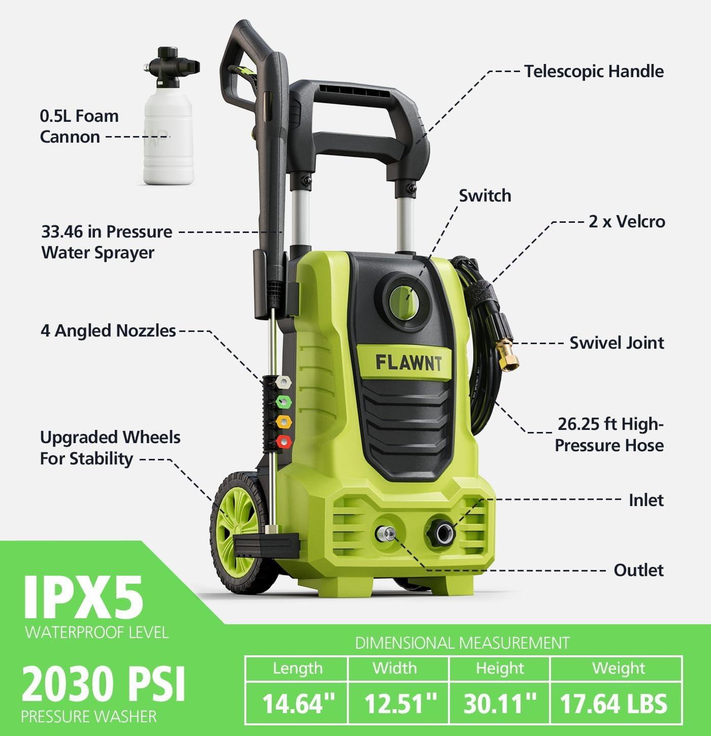 Green Electric Pressure Washer with 26 FT Hose and 4 Nozzles