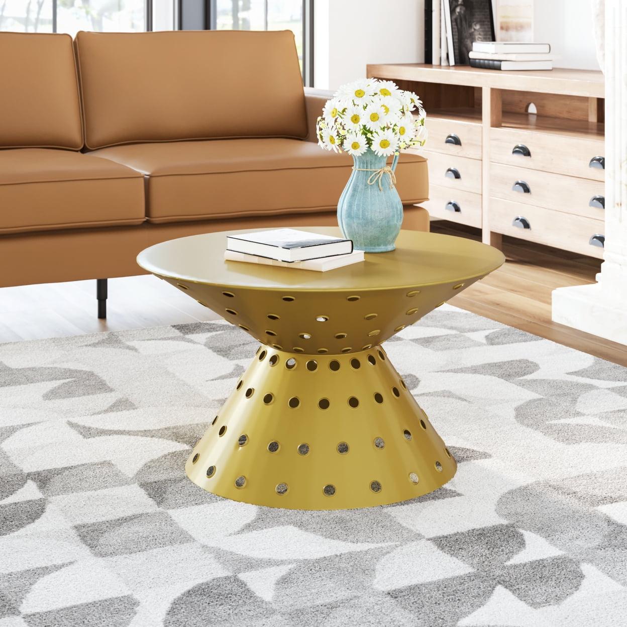 30" Round Gold Metal Coffee Table with Hourglass Base