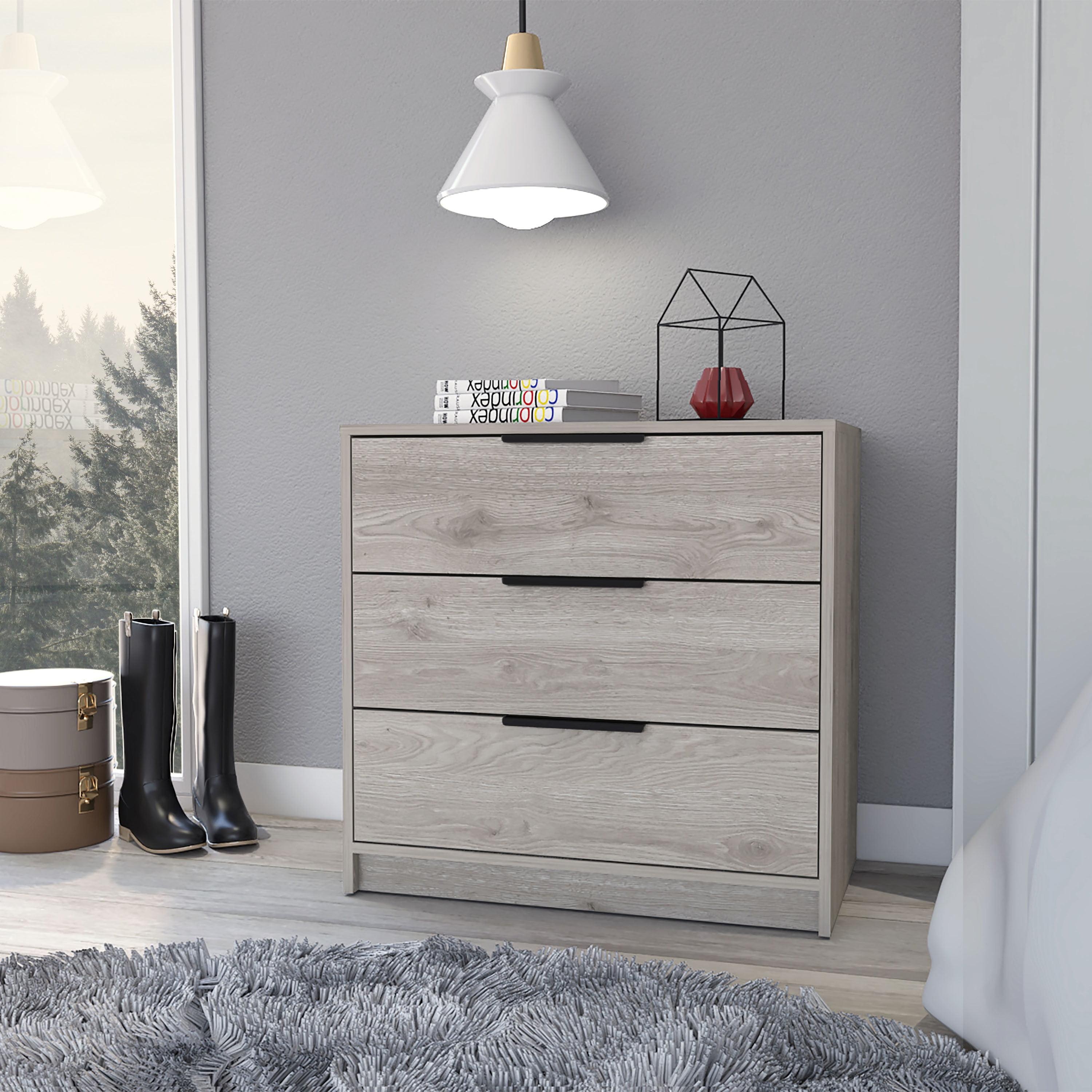 Compact Industrial 3-Drawer Light Gray Dresser with Woody Accents