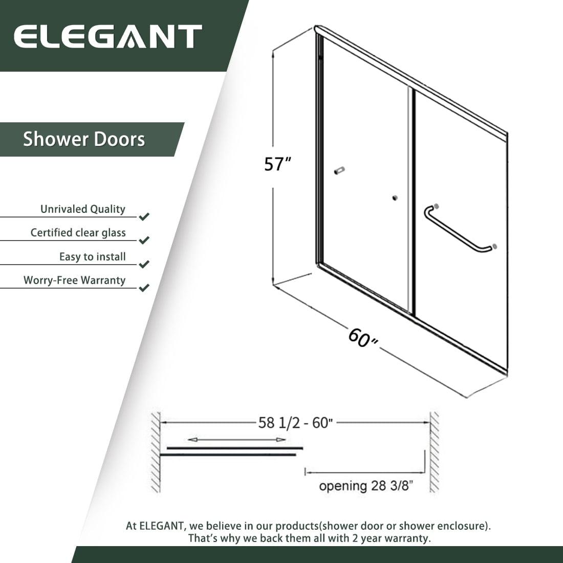 Elegant 60"W x 57"H Chrome Clear Sliding Bathtub Shower Doors