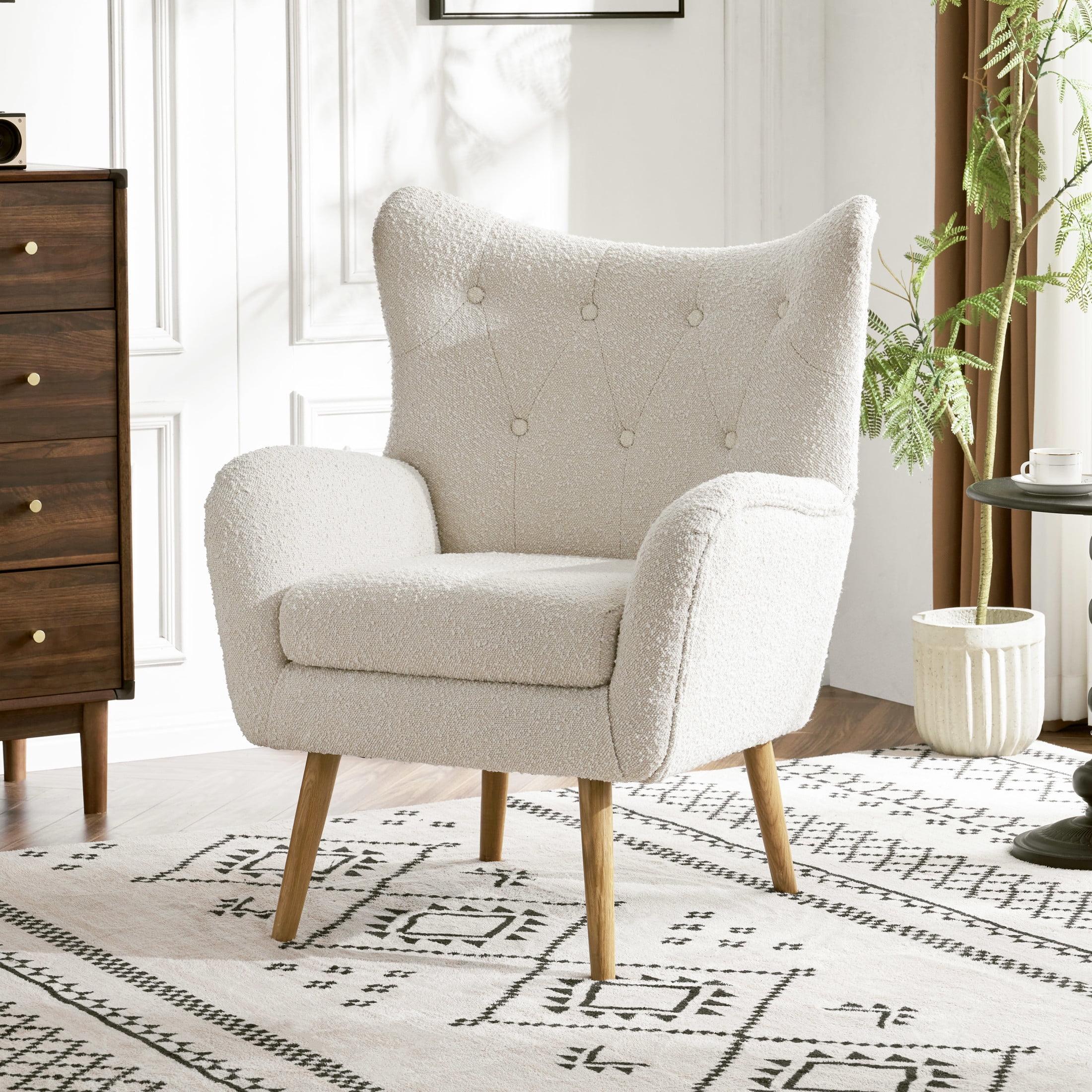 White Boucle Upholstered Accent Chair with Natural Wood Legs