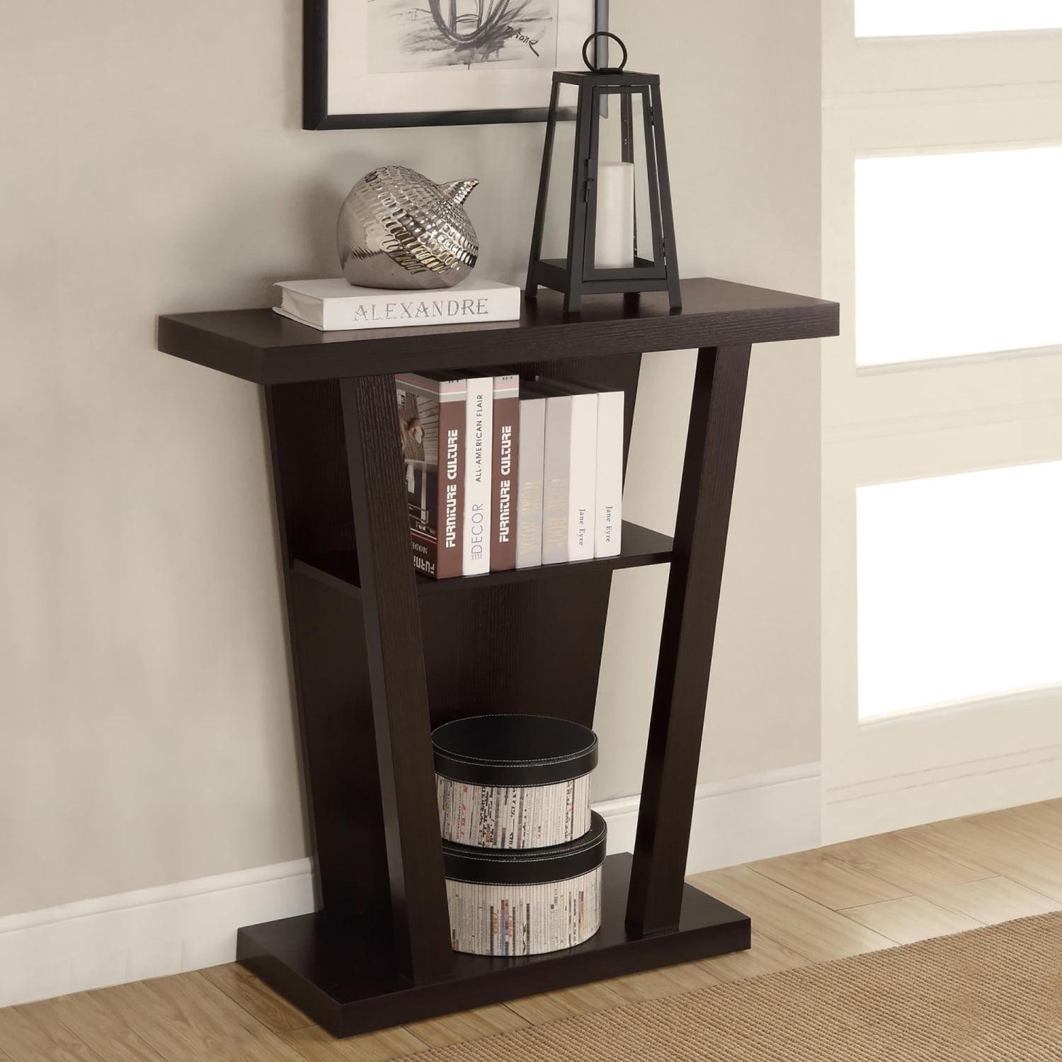 Transitional Cappuccino Console Table with Slanted Silhouette and Storage