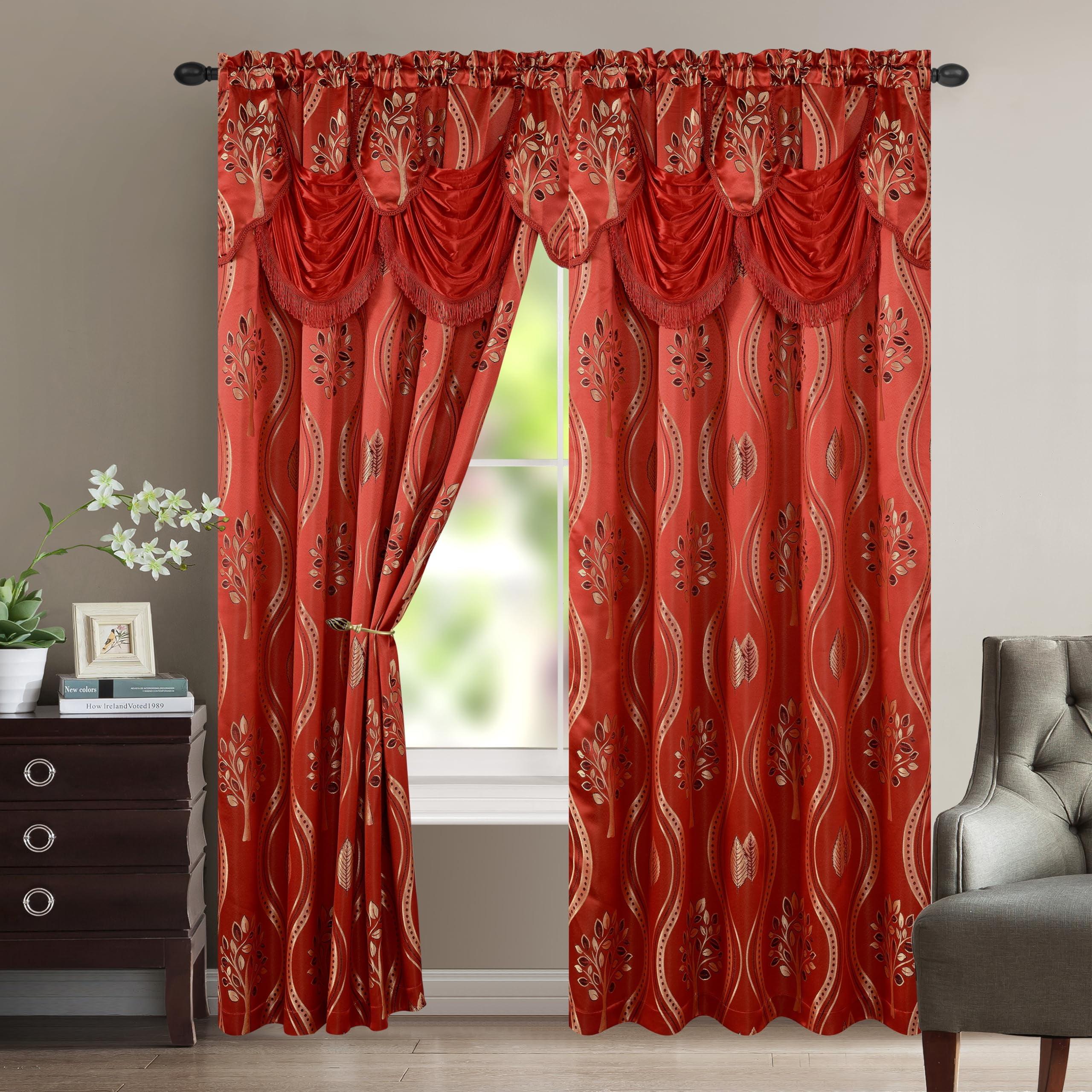 Elegant Comfort Aurora Jacquard Look Curtain Panel Set with Attached Valance 54" X 84 inch (Set of 2), Red