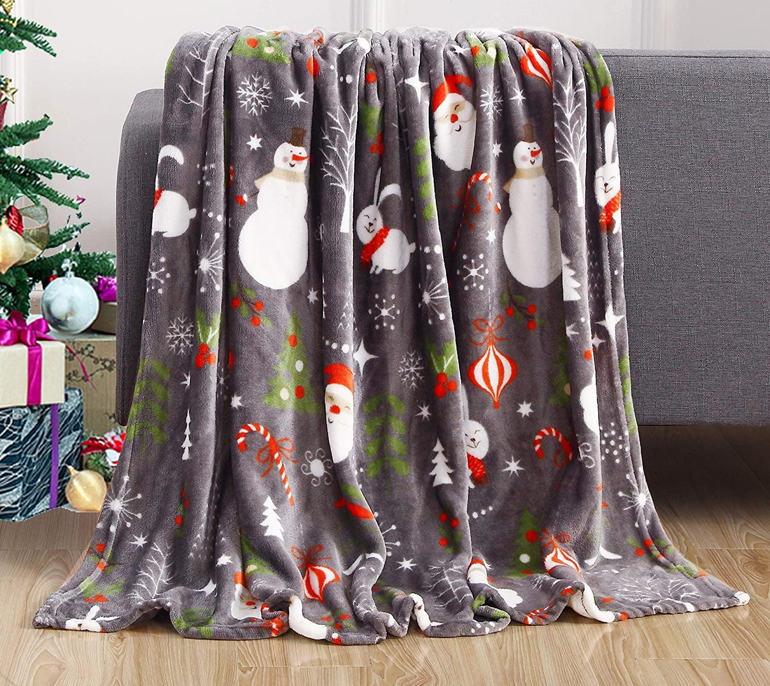 Elegant Comfort Luxury Ultra Plush Velvet Touch 50 X 60Inch Christmas Blanket, Cozy, Soft And Warm Holiday Printed Fleece, 50 X 60, Santa Snowman Gray