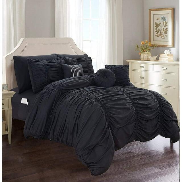 Elegant Comfort Solid Print Microfiber Woven Washable Comforter Sets, Full, Black, 10-Pieces
