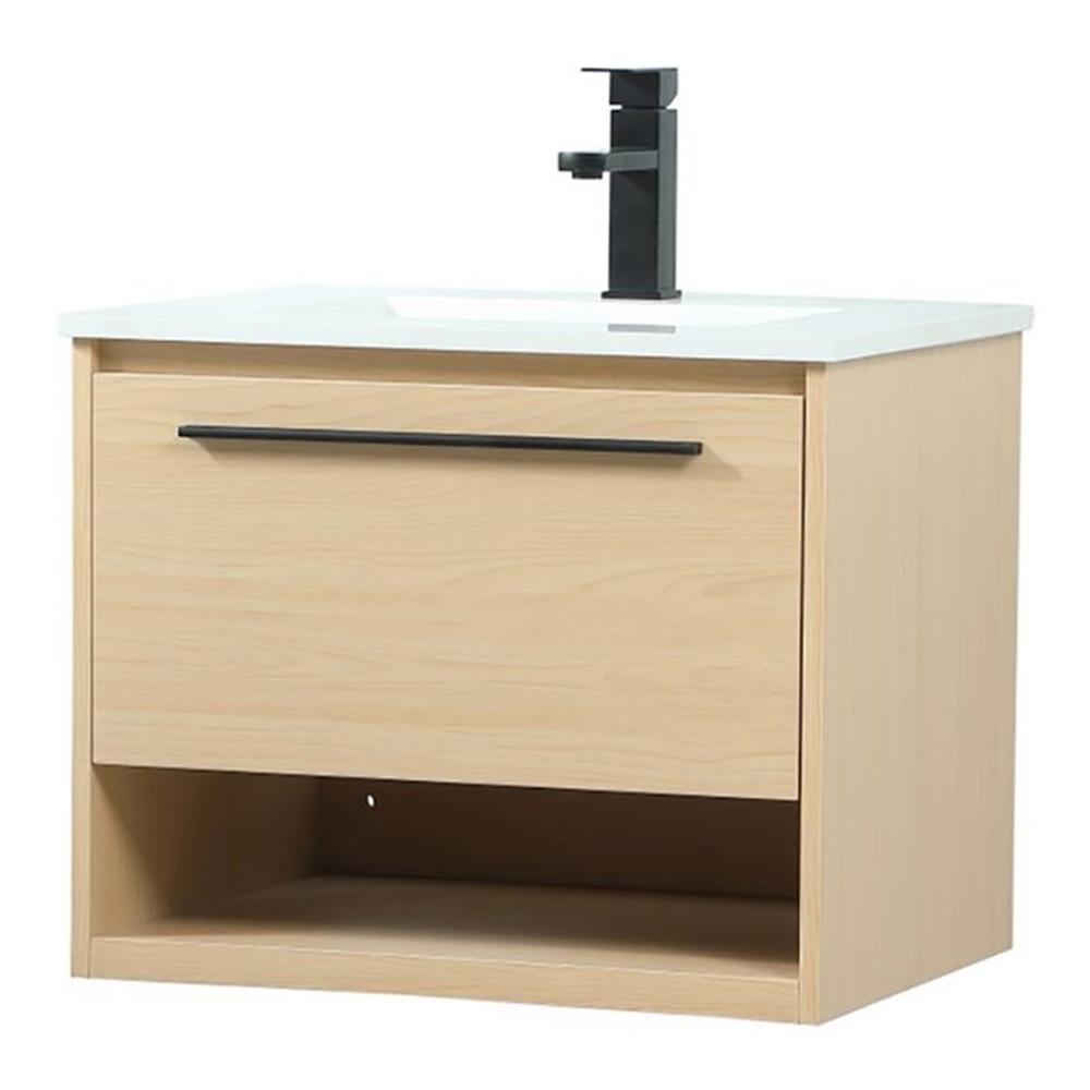 Maple Floating Single Bathroom Vanity with White Marble Top