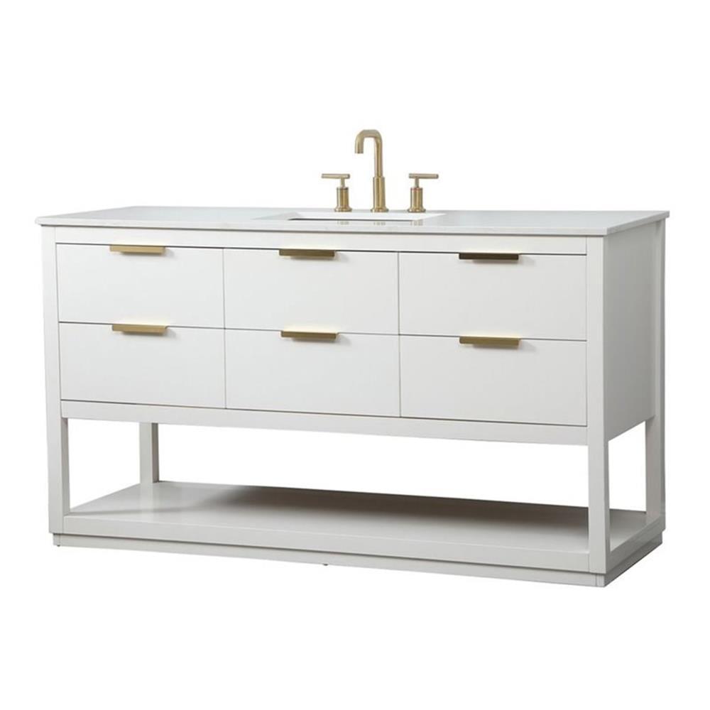 White Solid Wood MDF 60" Single Bathroom Vanity with Gold Hardware