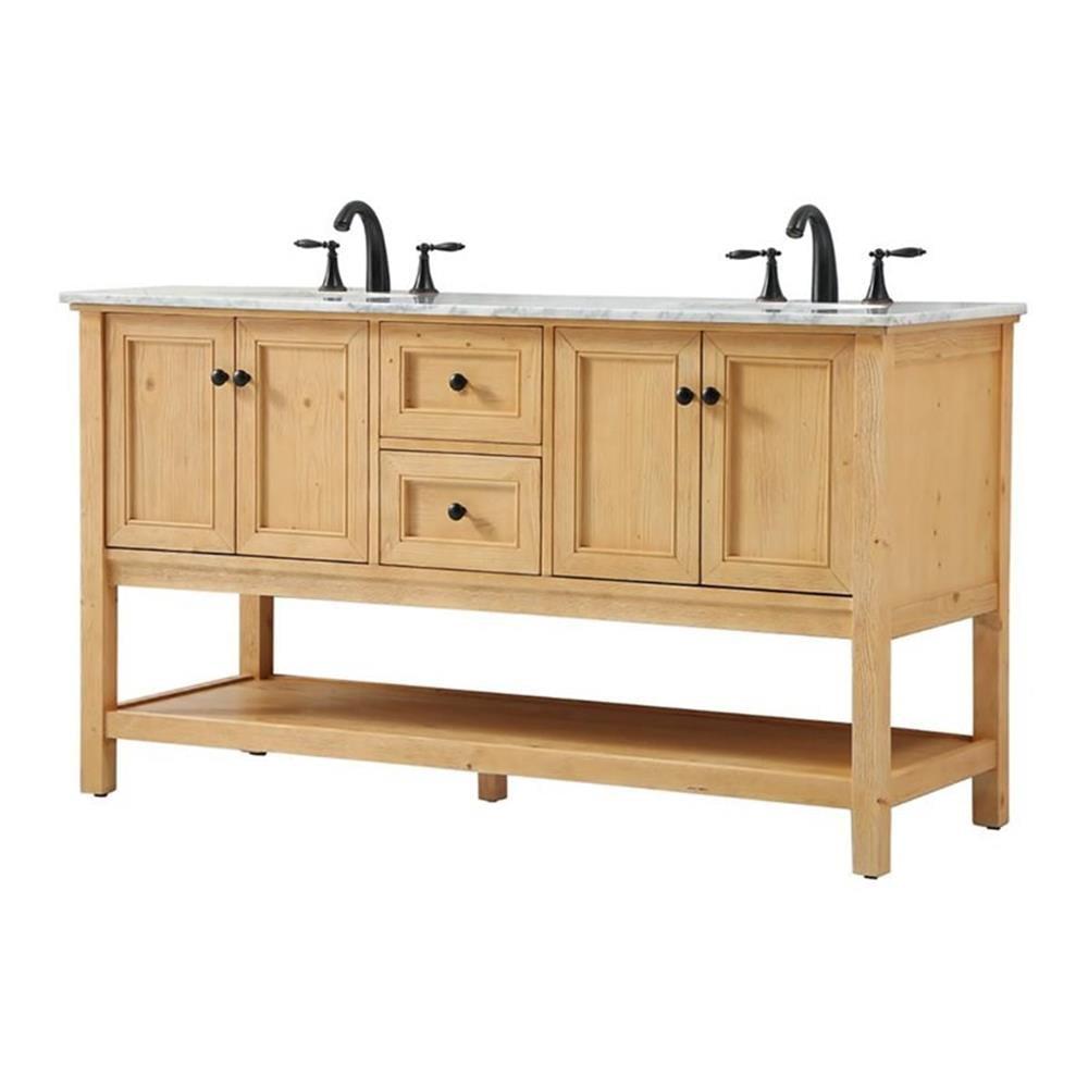 Natural Wood Double Bathroom Vanity with Carrara Marble Top