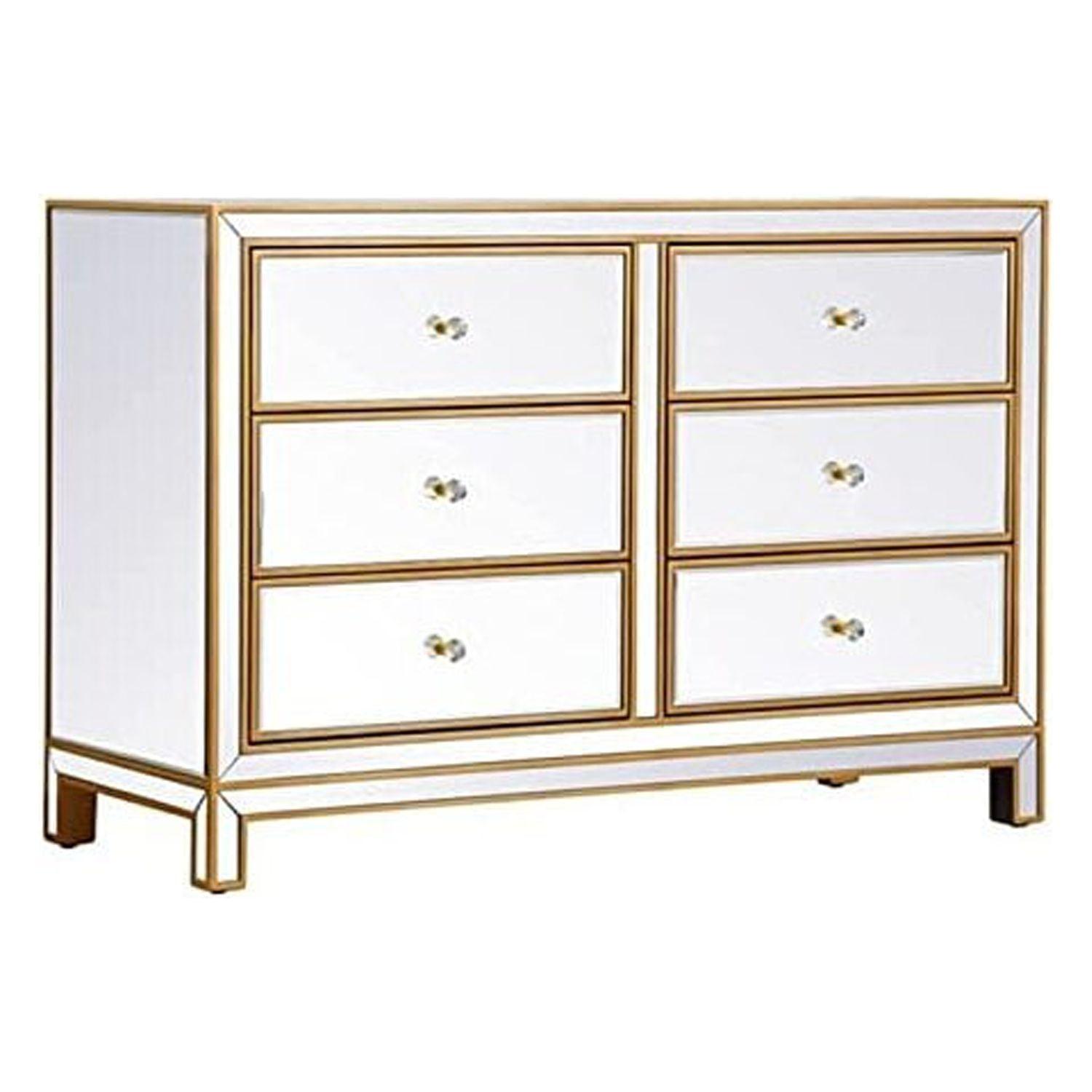 Luxurious Gold 6-Drawer Dresser with Crystal Knobs and Mirrored Panels