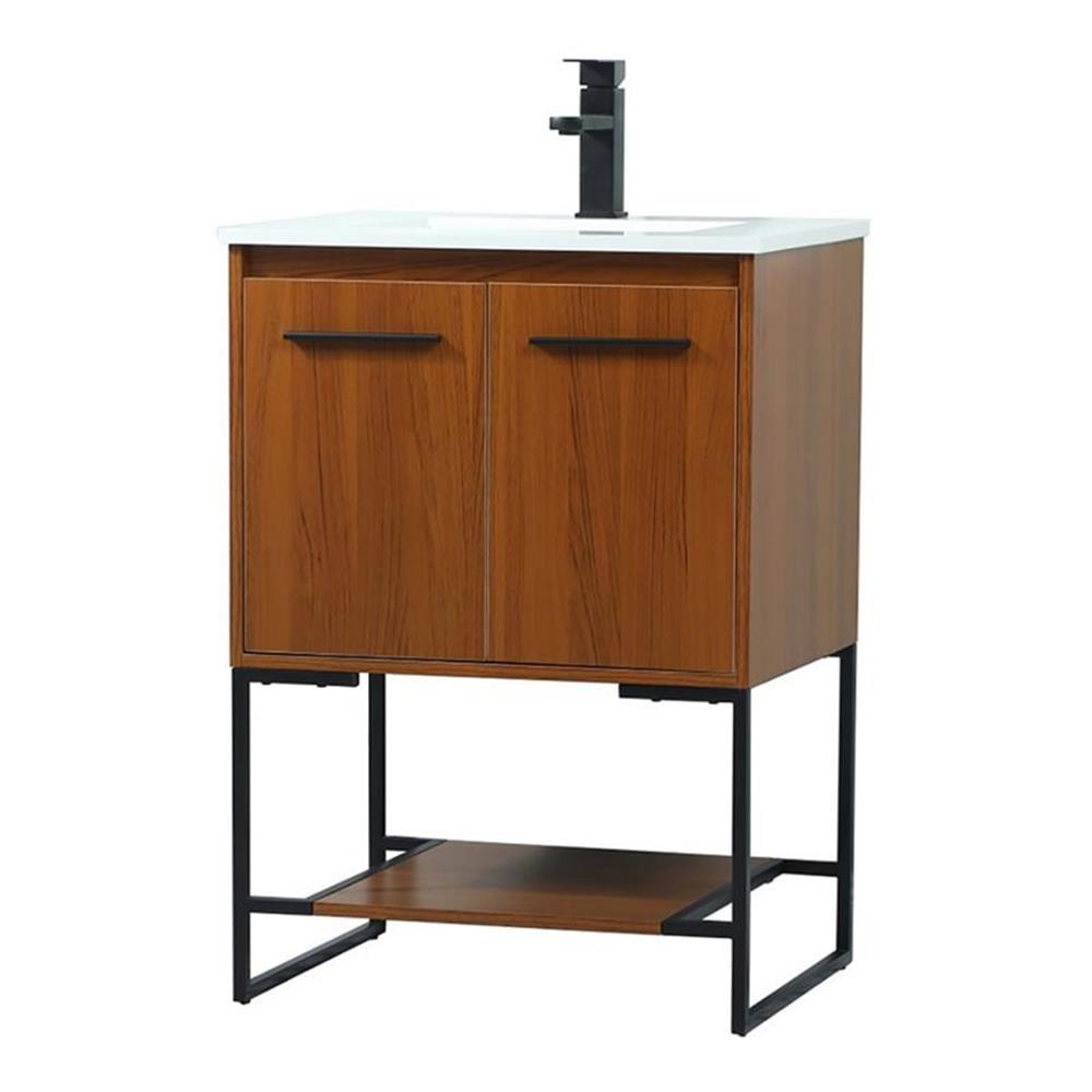 Contemporary Teak Single Bathroom Vanity with Black Metal Hardware 24"