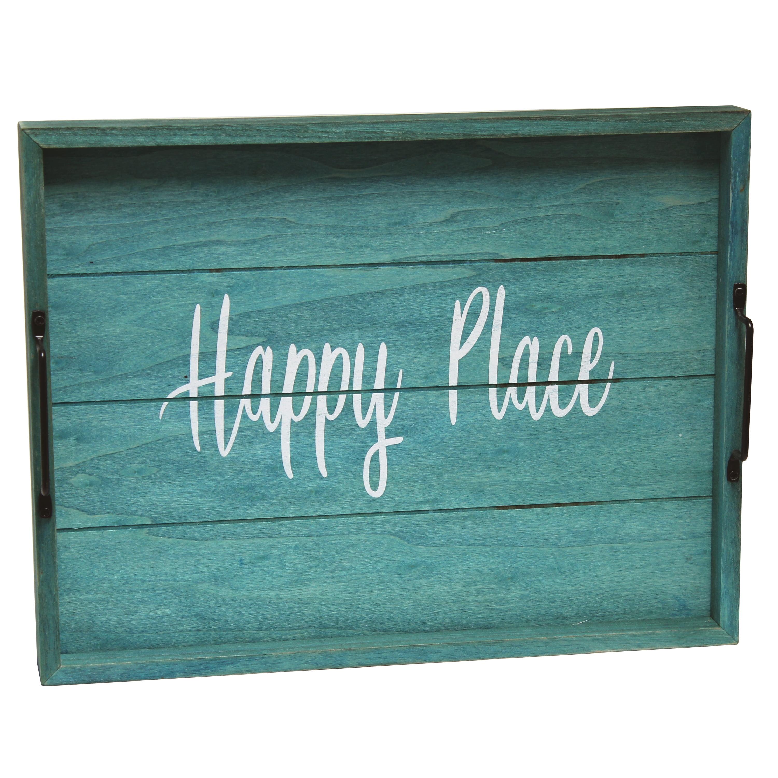 Elegant Designs 15.5" x 12" Decorative Wood Serving Tray, "Happy Place", Blue Wash