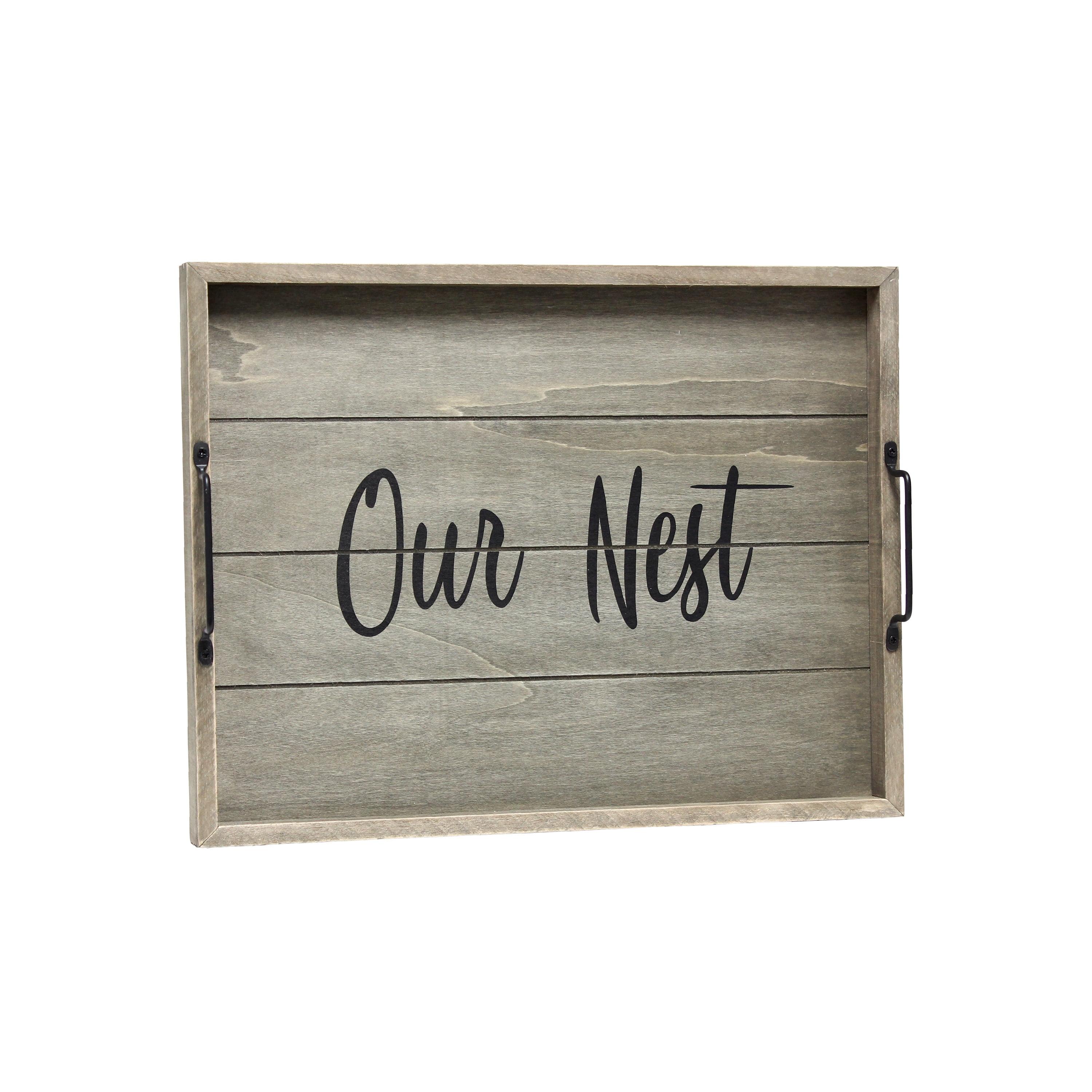 Elegant Designs 15.5" x 12" Decorative Wood Serving Tray, "Our Nest", Rustic Gray