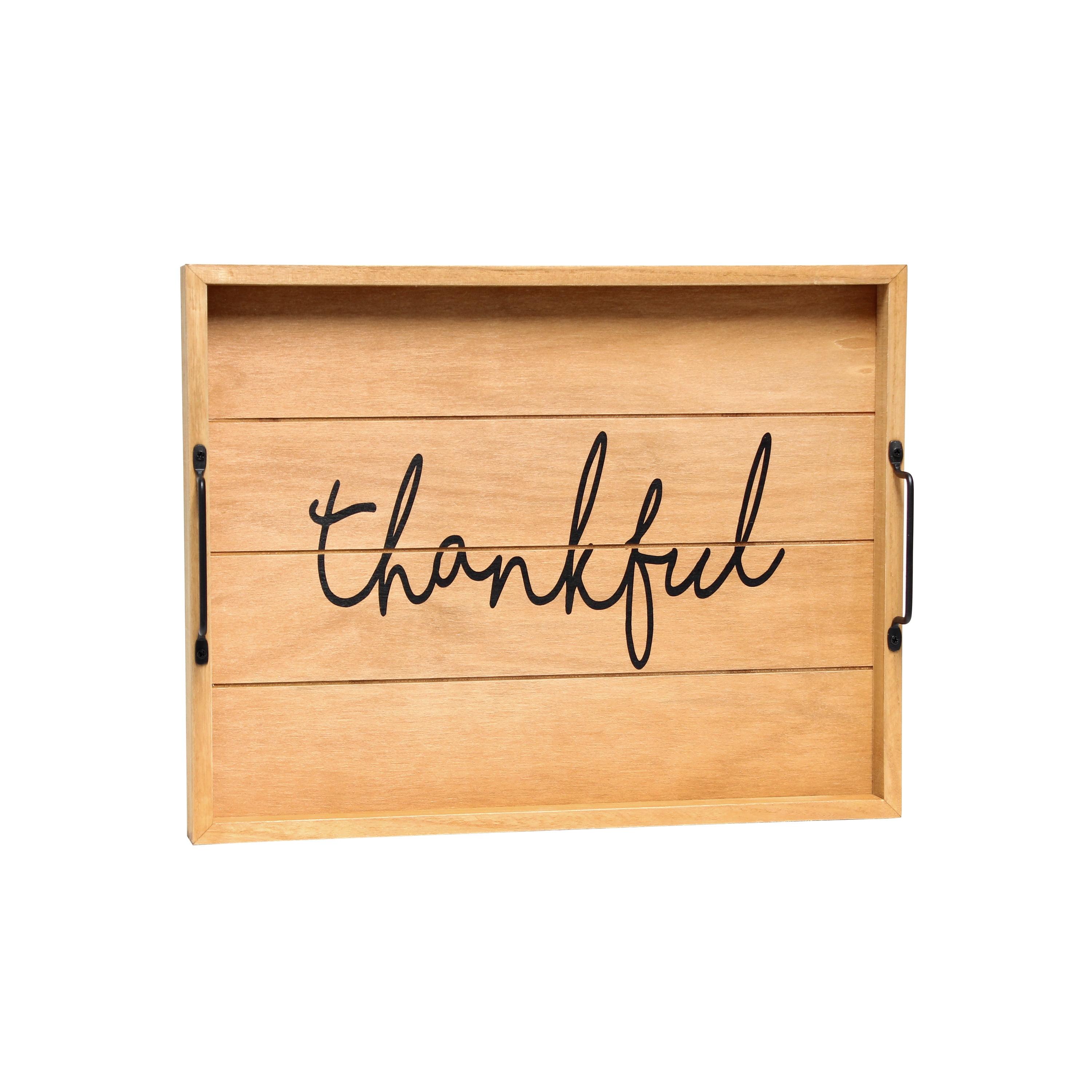 Elegant Designs 15.5" x 12" Decorative Wood Serving Tray, "Thankful", Natural Wood