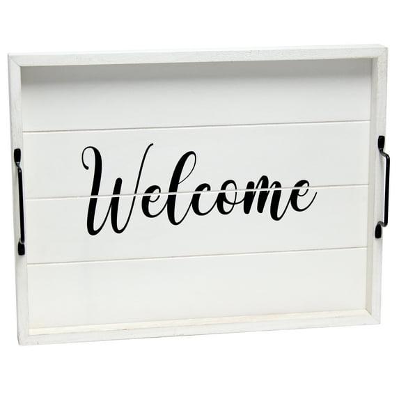Elegant Designs 15.5" x 12" Decorative Wood Serving Tray, "Welcome", White Wash