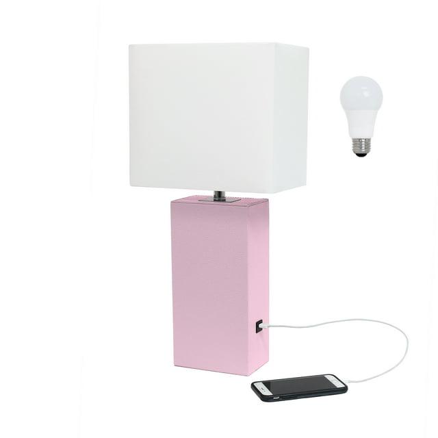 Elegant Designs 21" Modern Leather Wrapped Table Lamp with USB Port and Feit LED (Includes LED Light Bulb) Light Pink
