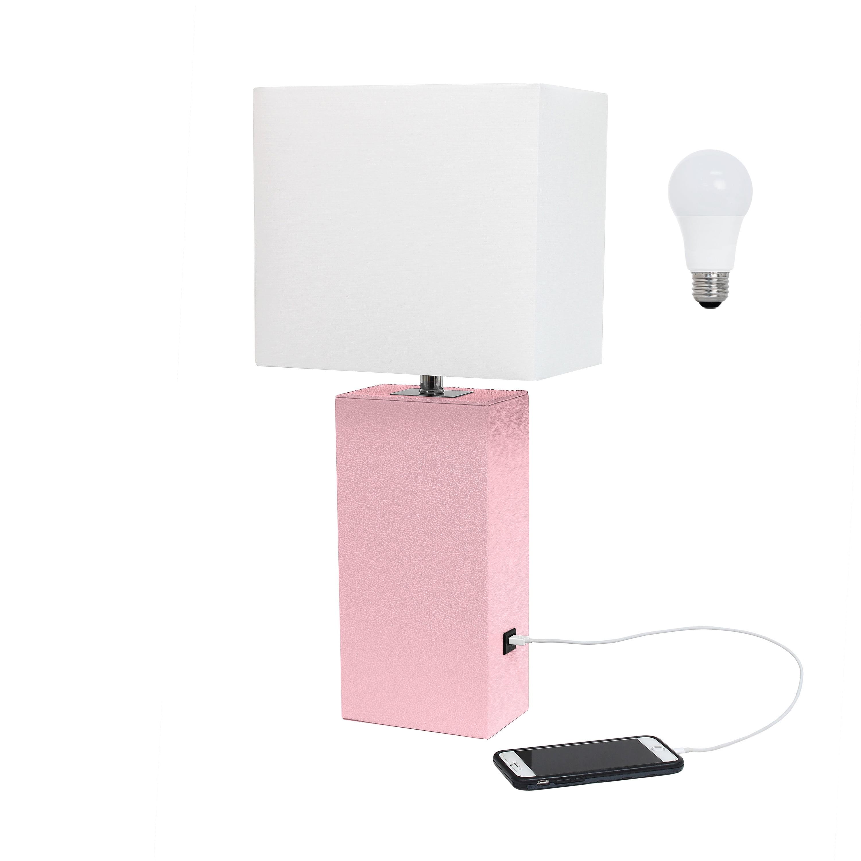 Elegant Designs 21" Modern Leather Wrapped Table Lamp with USB Port and Feit LED (Includes LED Light Bulb) Pink