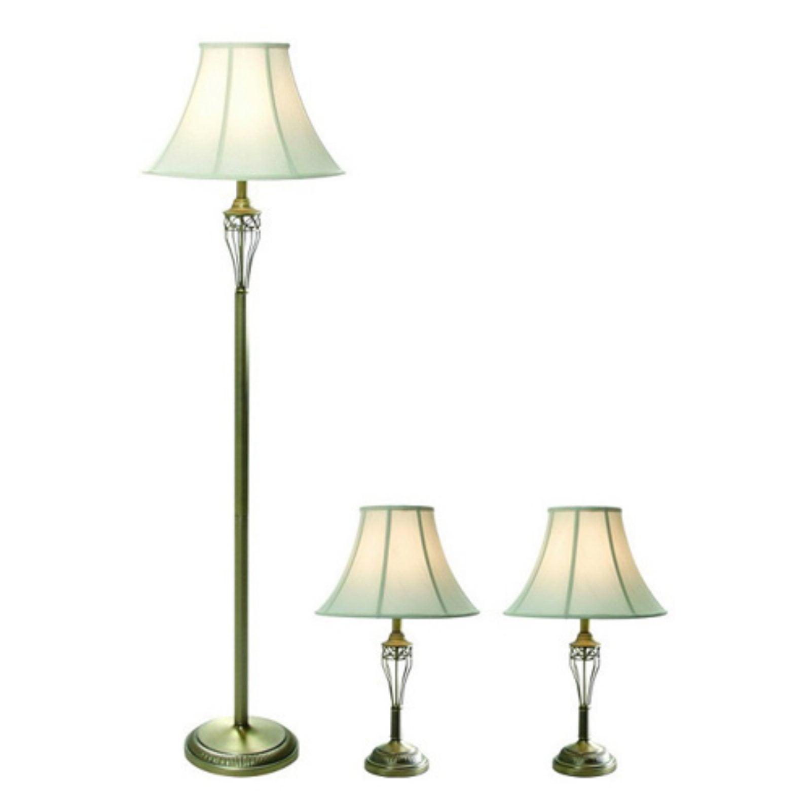 Antique Brass 3-Piece Lamp Set with White Bell Shades