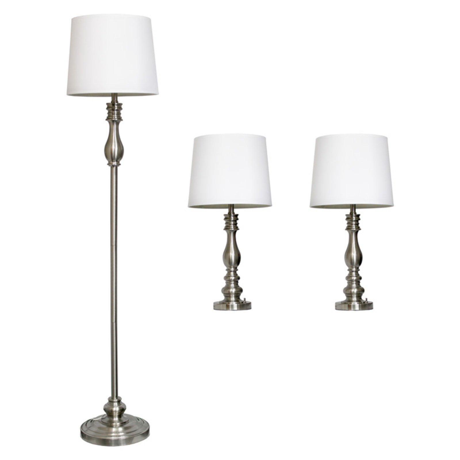 Brushed Steel and White 3-Piece Lamp Set with Empire Shades