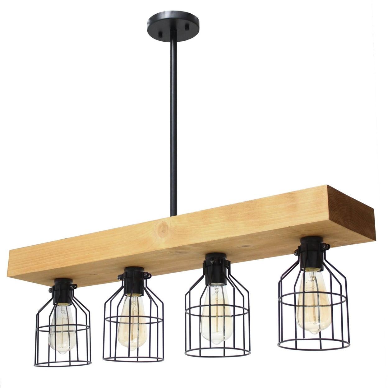 Elegant Light Wood and Black Metal 4-Light Cage Pendant