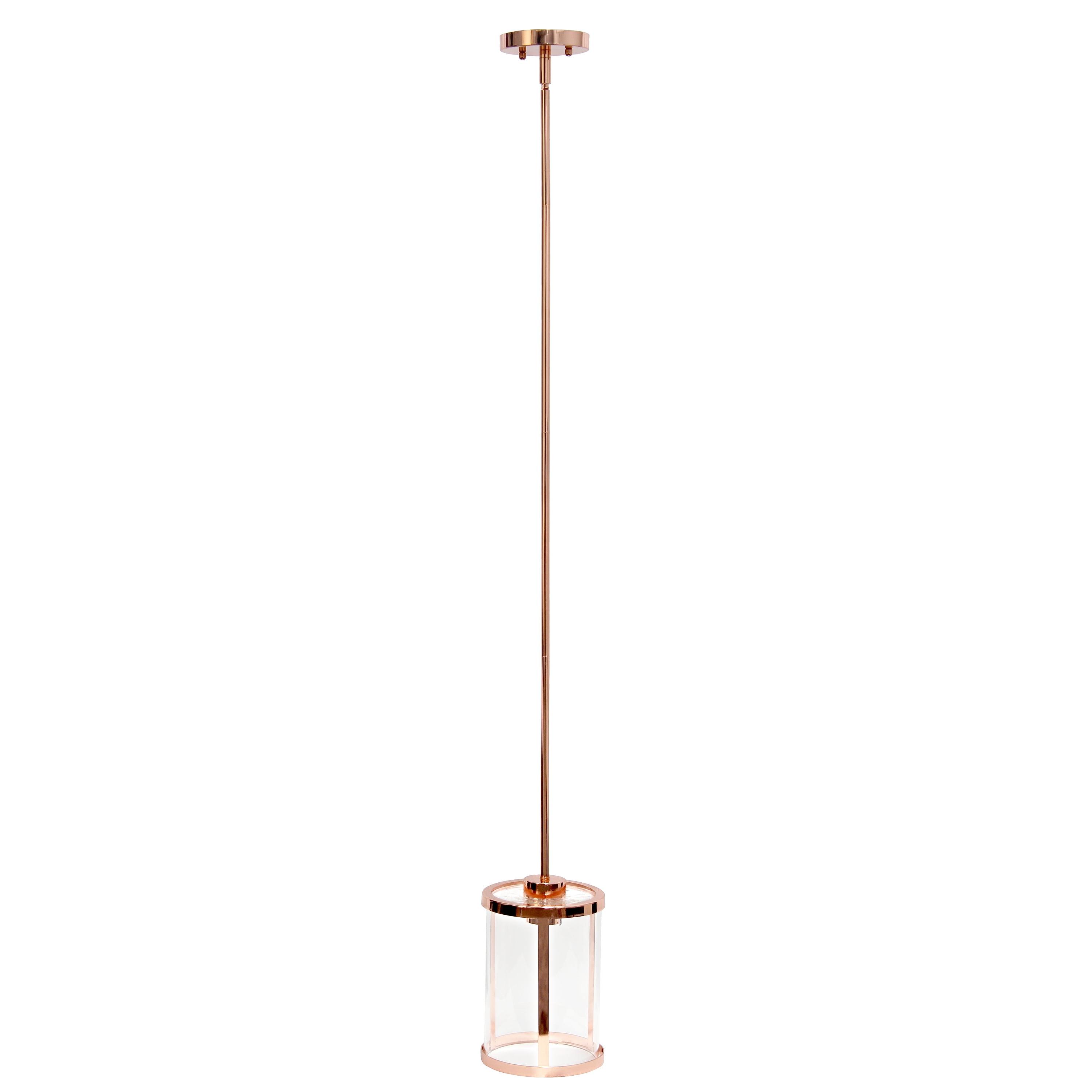 Elegant Designs 9.25" Adjustable Traditional Vintage Modern Industrial Farmhouse 1-Light Metal and Clear Cylindrical Glass Hanging Ceiling Pendant, Rose Gold